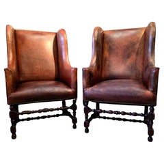 Pair Of Leather Louis XII Provencal Style Mid Century Wing Chairs
