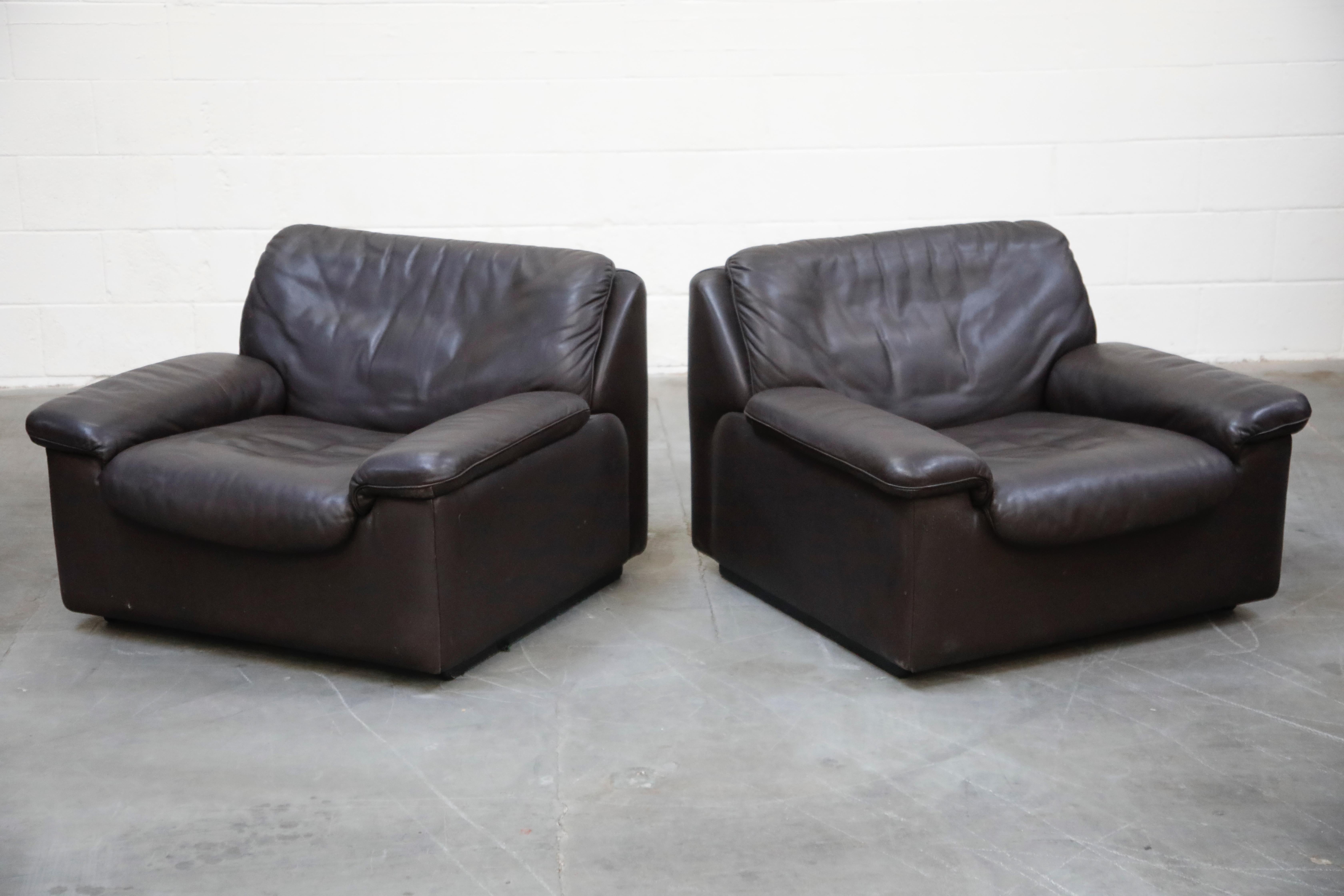 Pair of Leather Lounge Armchairs by De Sede, Switzerland, 1960s, Signed In Good Condition In Los Angeles, CA