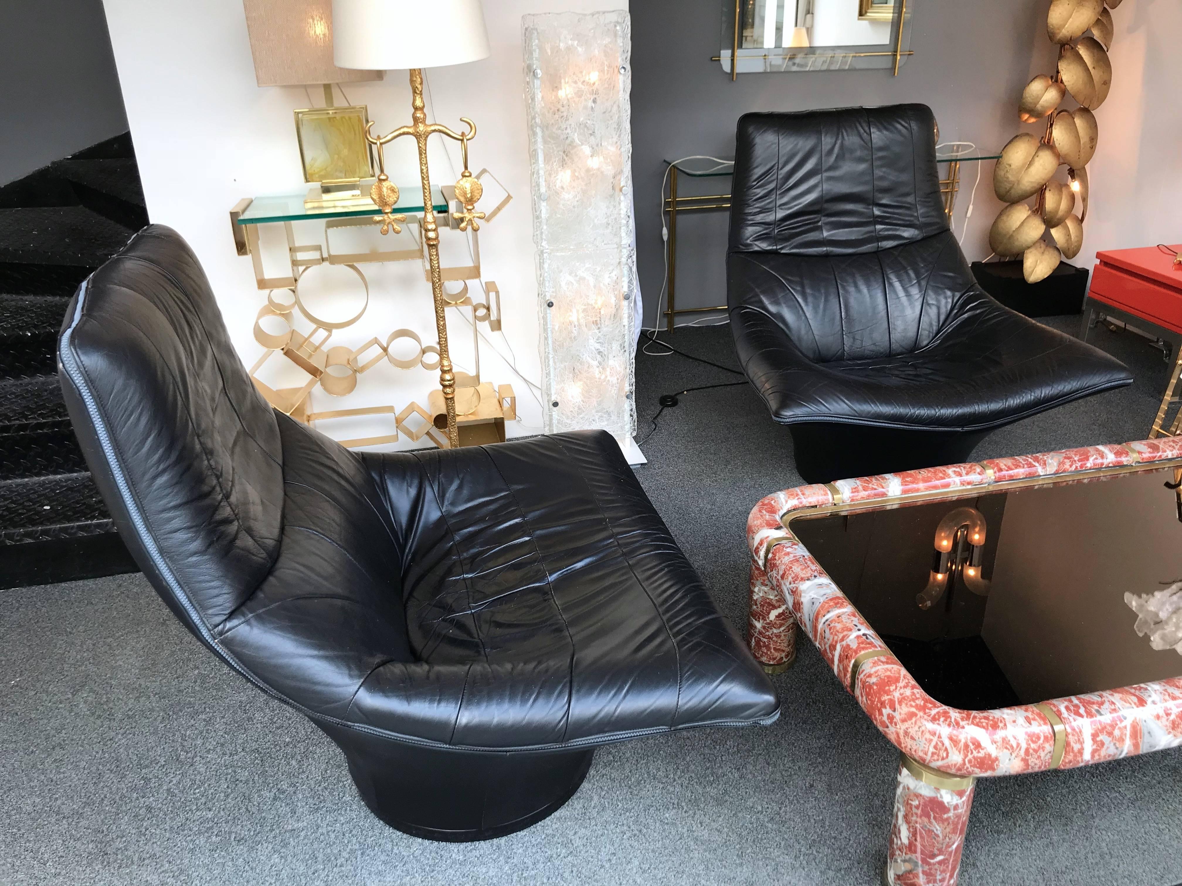 Dutch Pair of Leather Lounge Armchairs, Netherlands, 1980s