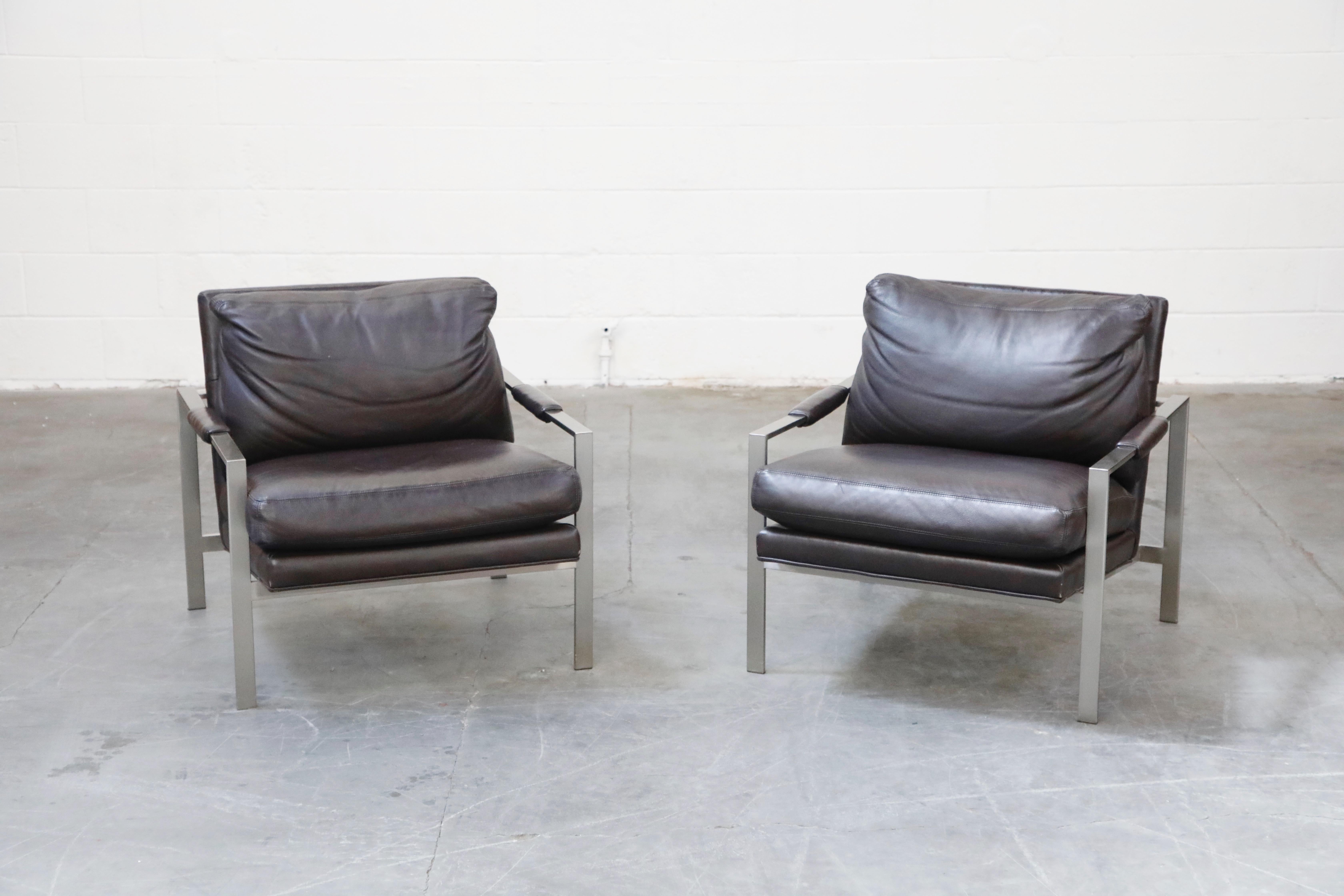 Mid-Century Modern Pair of Leather Lounge Armchairs by Milo Baughman for Thayer Coggin, Signed