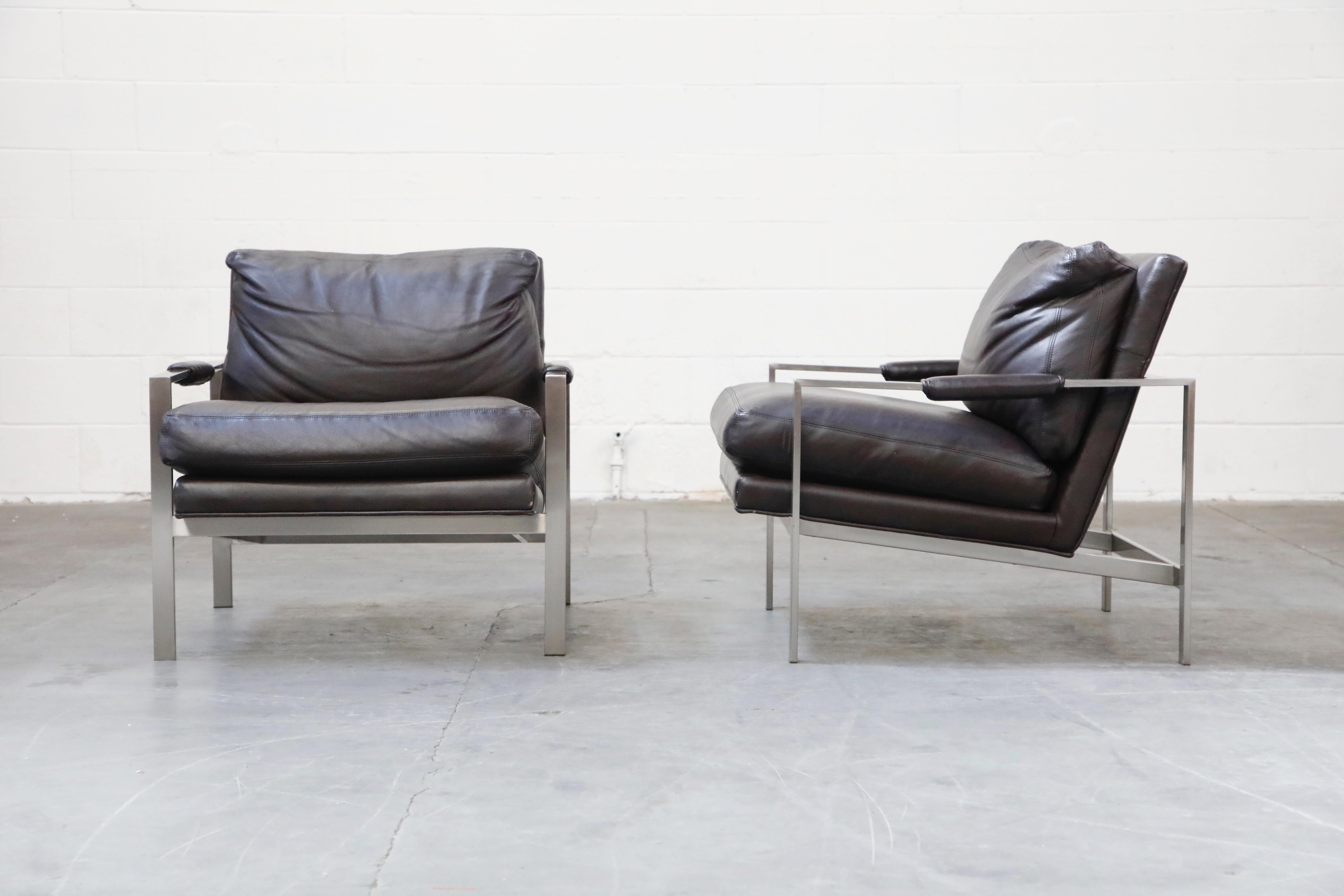American Pair of Leather Lounge Armchairs by Milo Baughman for Thayer Coggin, Signed
