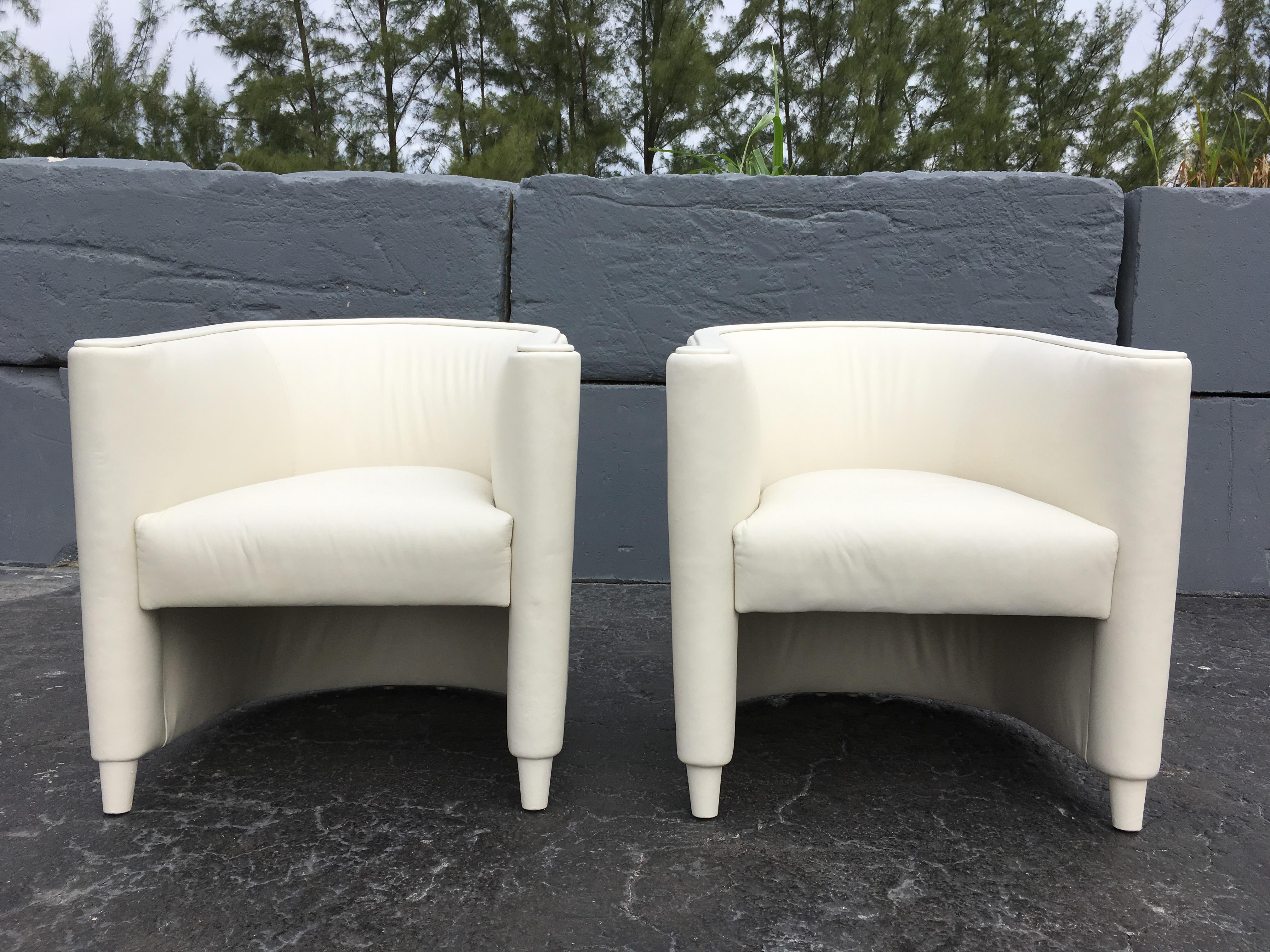 Pair of Leather Lounge Chairs, Art Deco Style, Cream Color 8