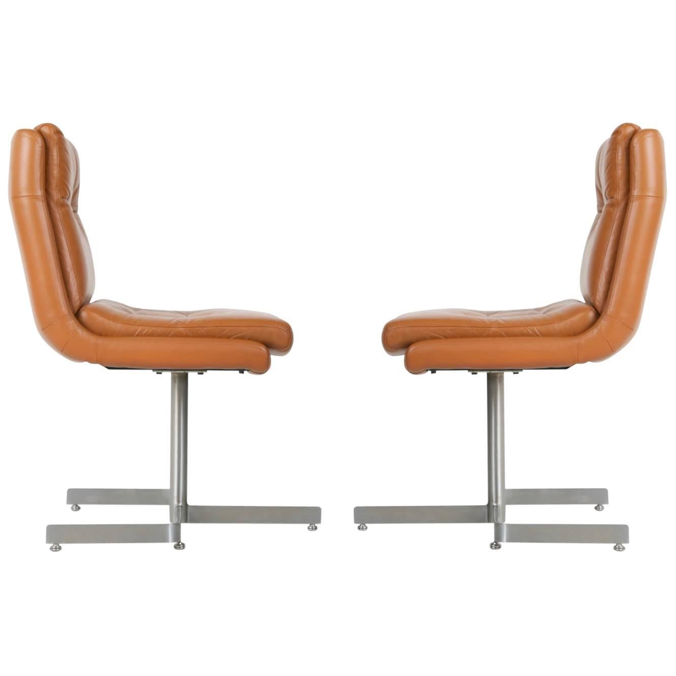 Pair of Leather and Steel Lounge Chairs by Raphael, France, circa 1970