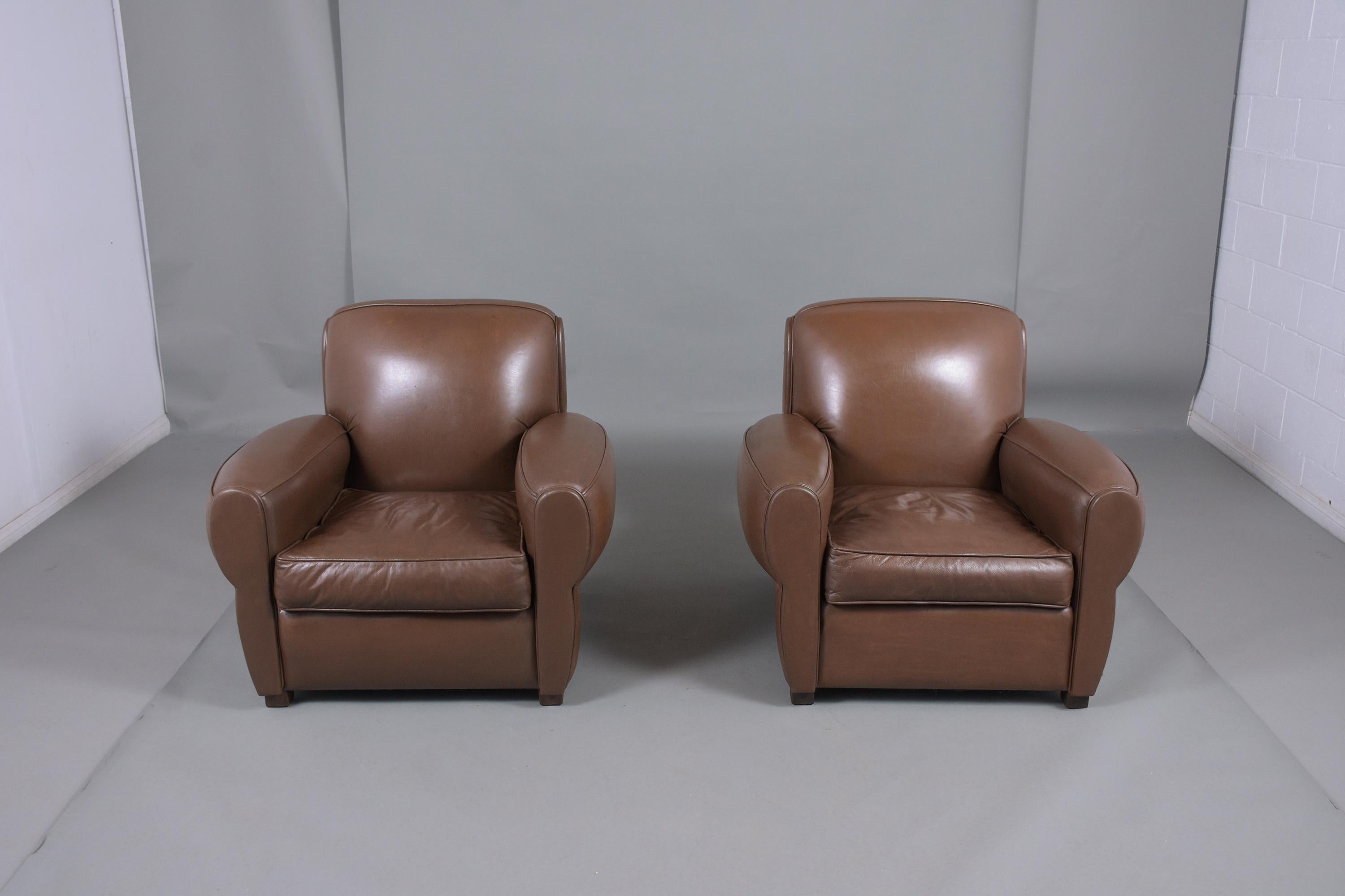 European Pair of Brown Leather Art Deco Club Chairs