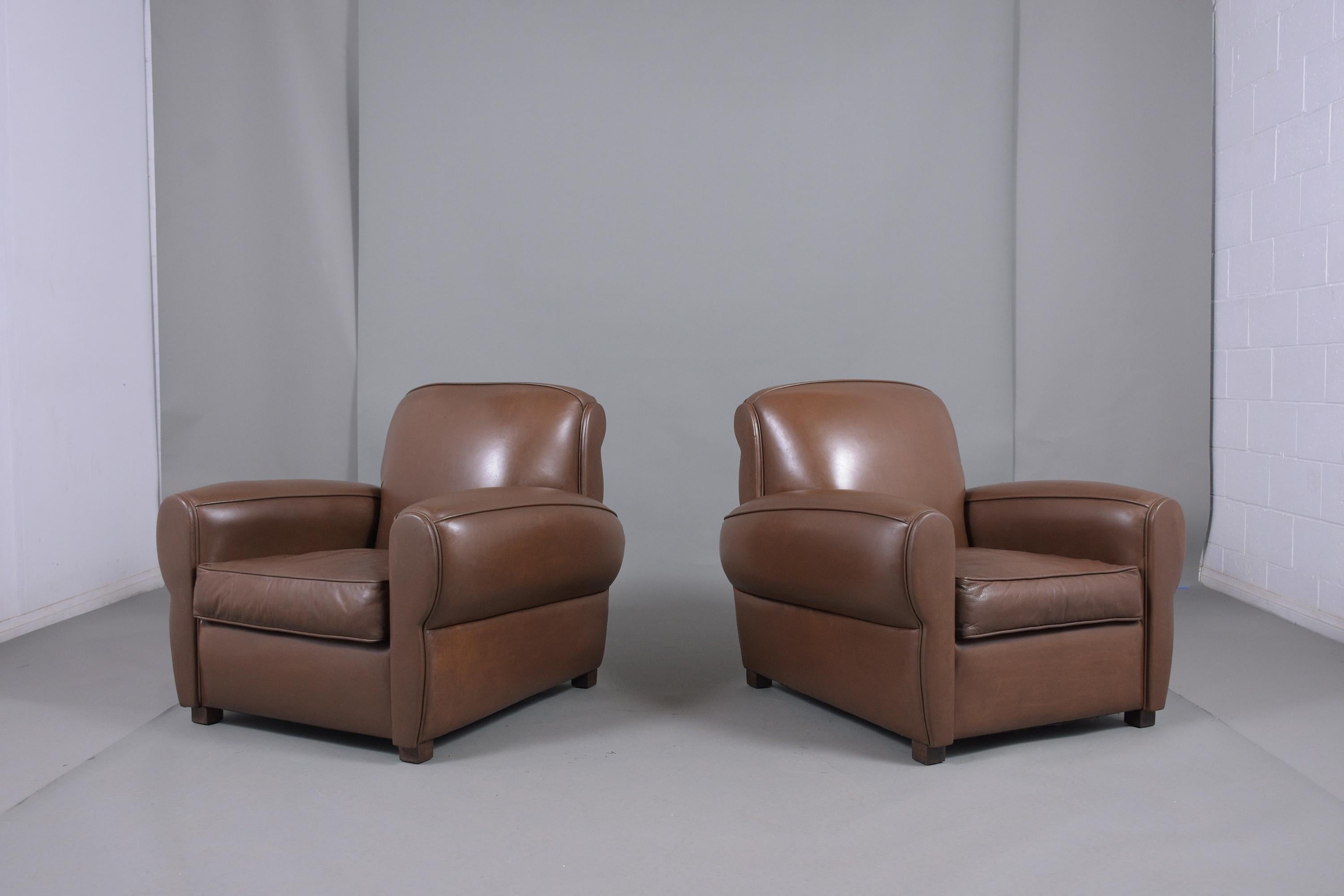 Pair of Brown Leather Art Deco Club Chairs 1