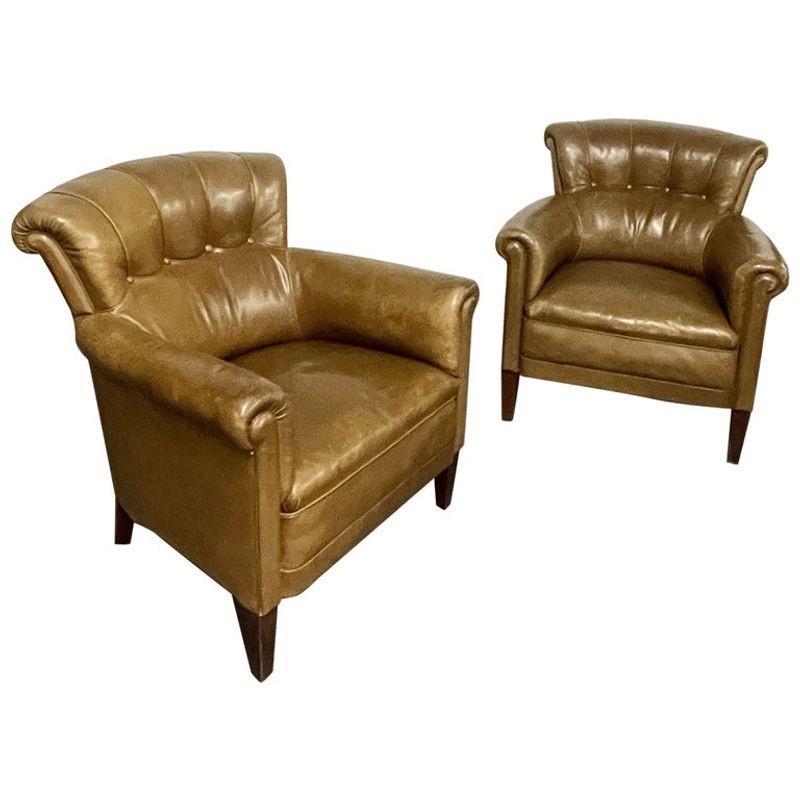 Pair of Leather Lounge Cigar Chairs, Mid 20th Century, Tuffted 10