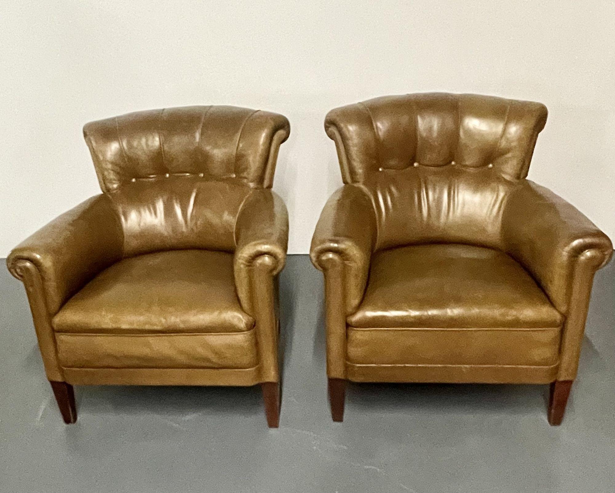 Pair of Leather Lounge Cigar Chairs, Mid 20th Century, Tuffted In Fair Condition In Stamford, CT