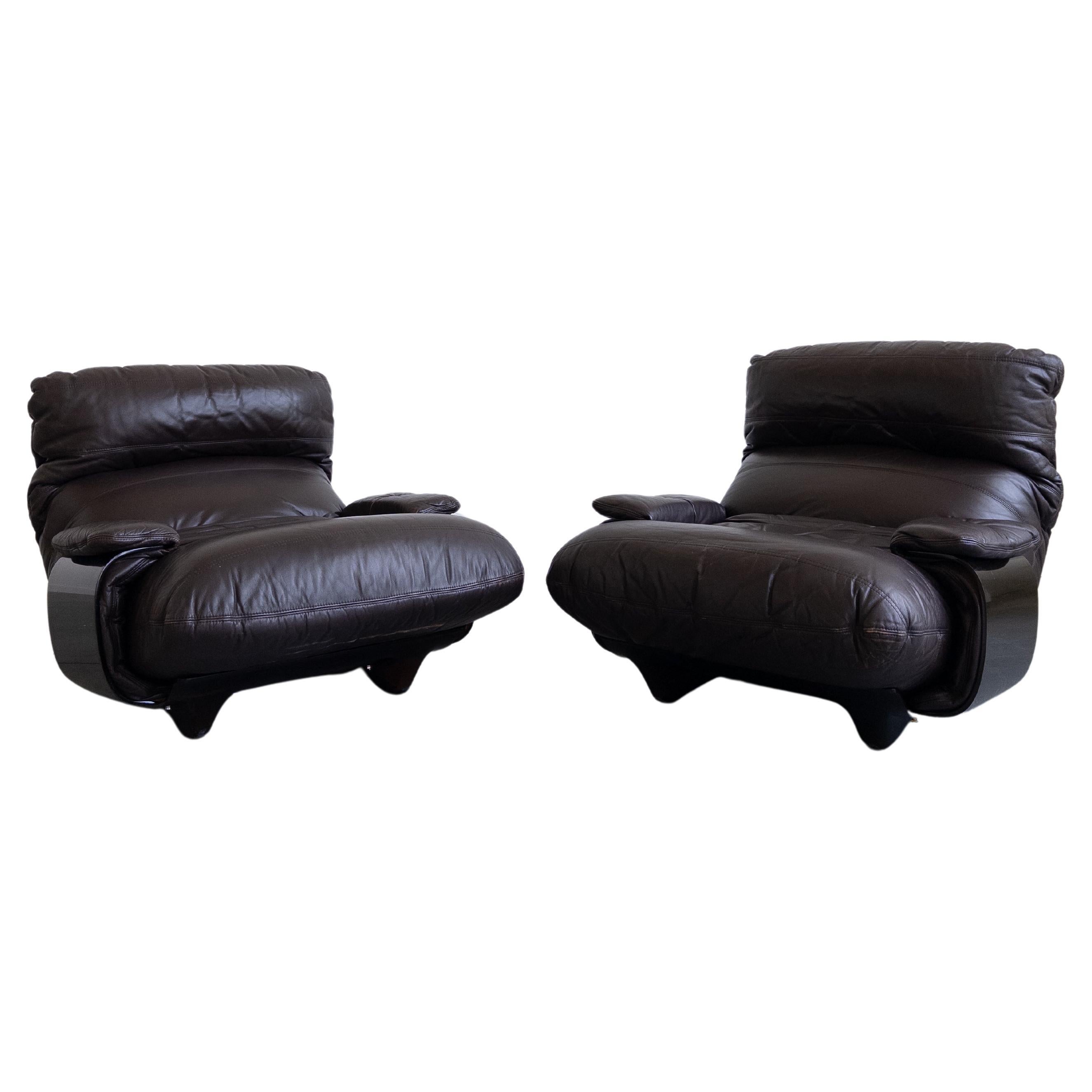 Pair of Leather Marsala Lounge Chairs by Michel Ducaroy for Ligne Roset