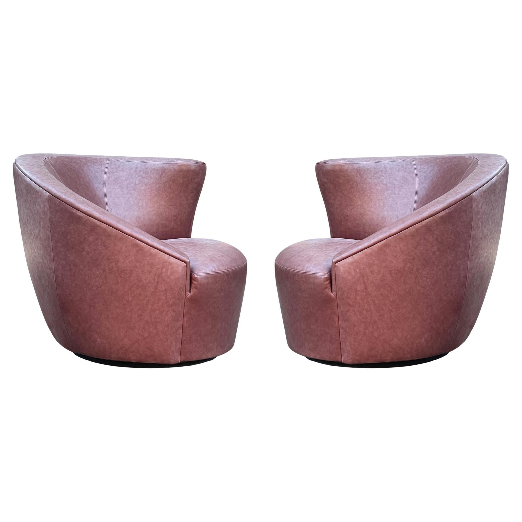 Pair of Leather Mid Century Modern Swivel Lounge Chairs by Vladimir Kagan 