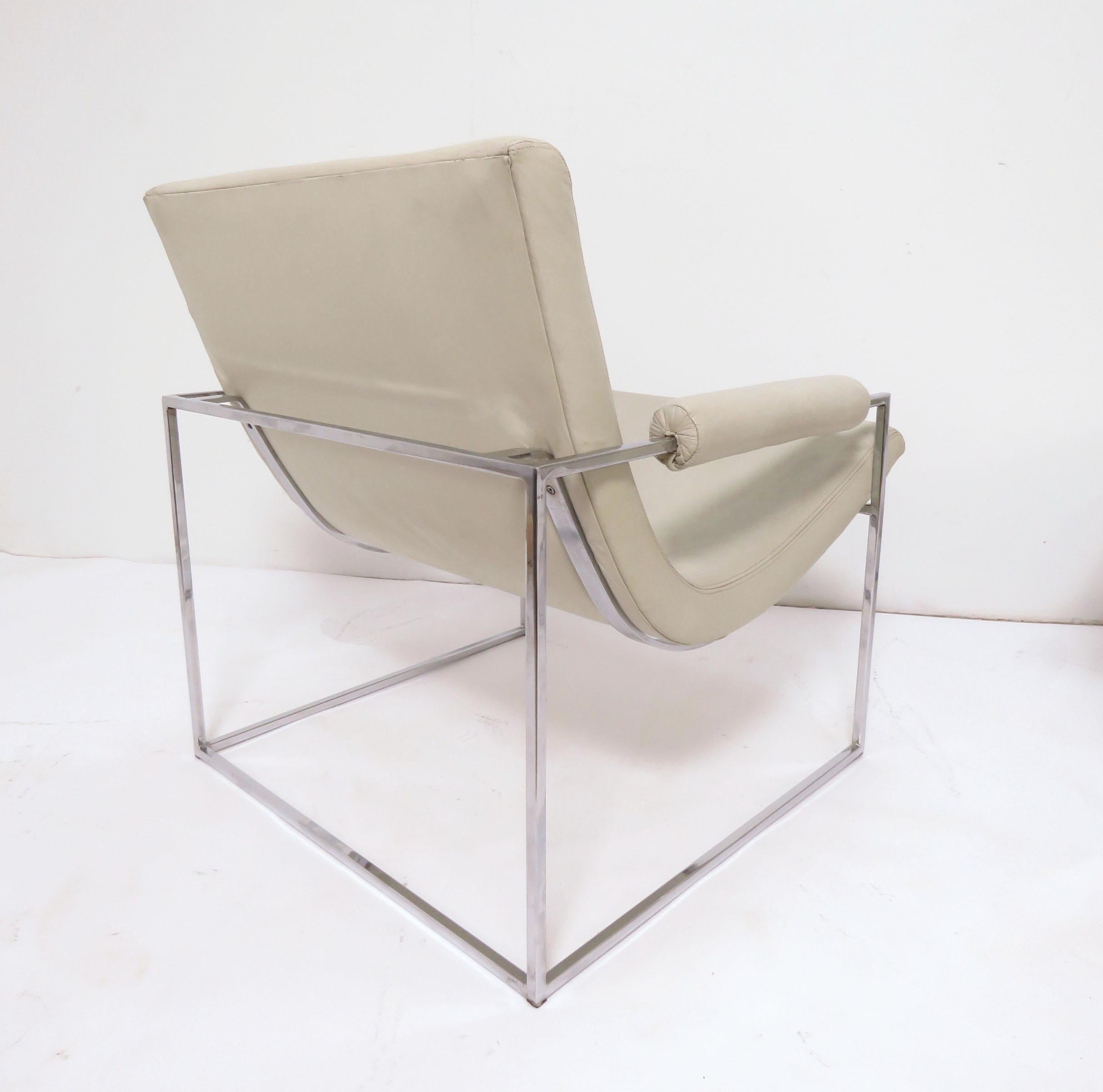 Chrome Pair of Leather Milo Baughman Scoop Lounge Chairs for Thayer Coggin