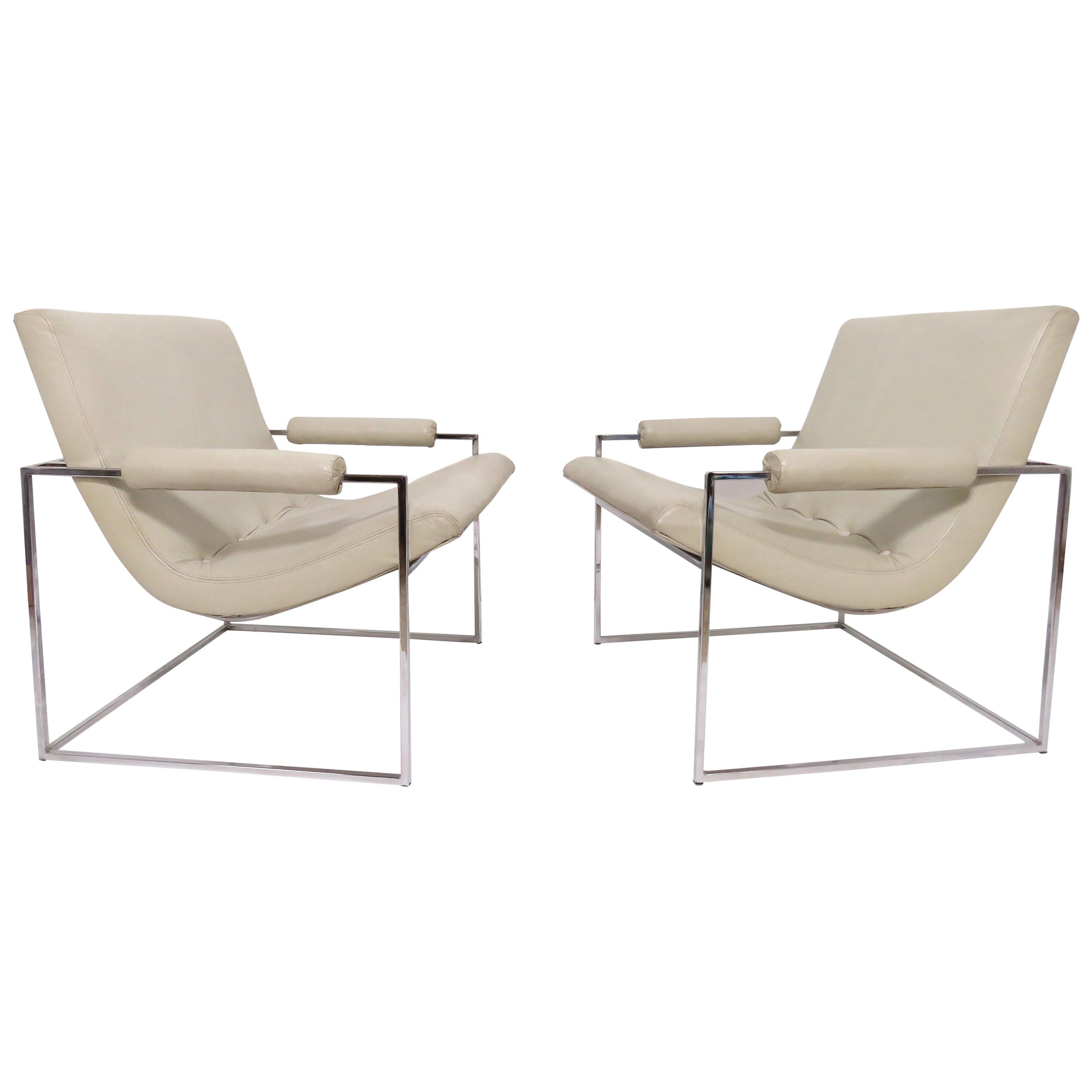 Pair of Leather Milo Baughman Scoop Lounge Chairs for Thayer Coggin