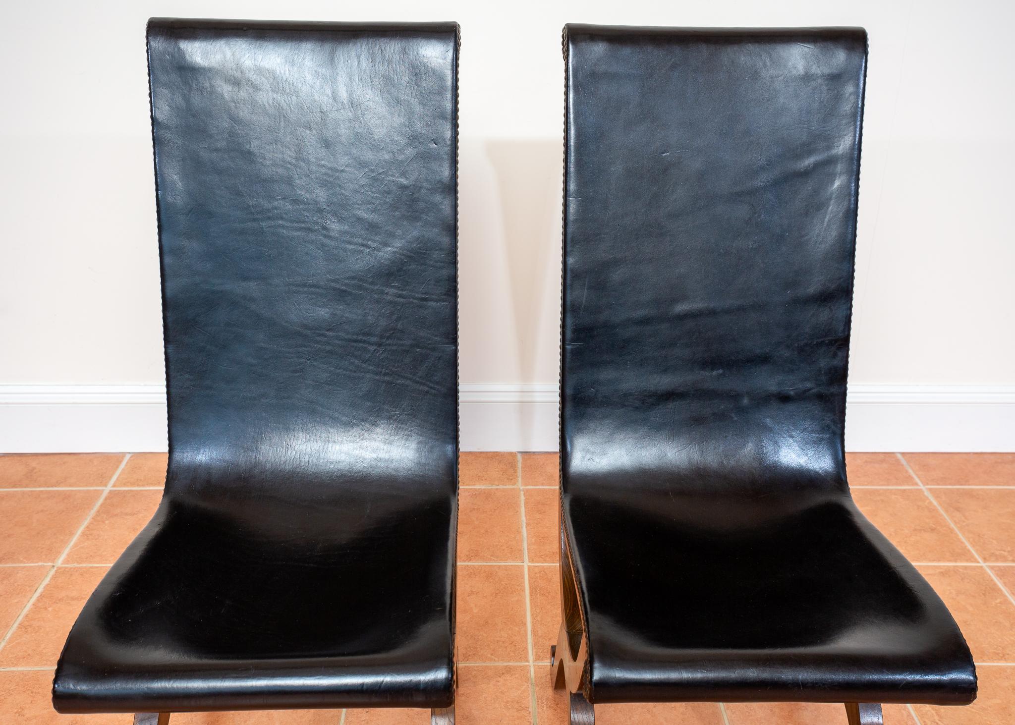 Pair of Spanish Oak Leather Dining Chairs by Pierre Lottier Valmazan Mid Century en vente 9