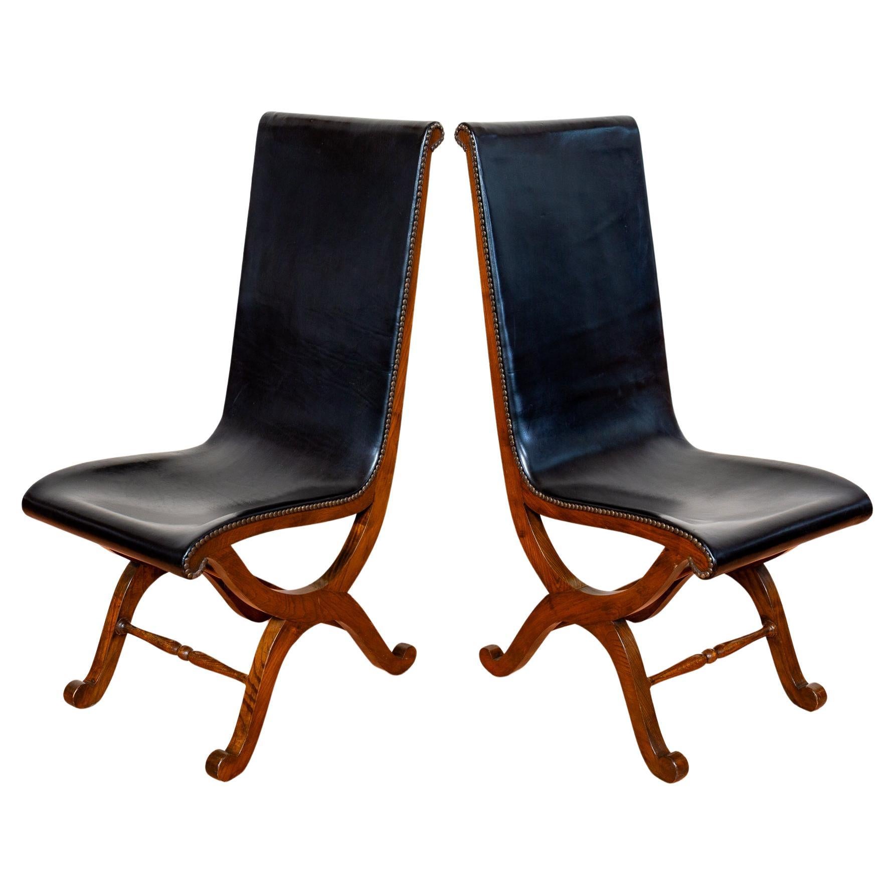 Pair of Spanish Oak Leather Dining Chairs by Pierre Lottier Valmazan Mid Century