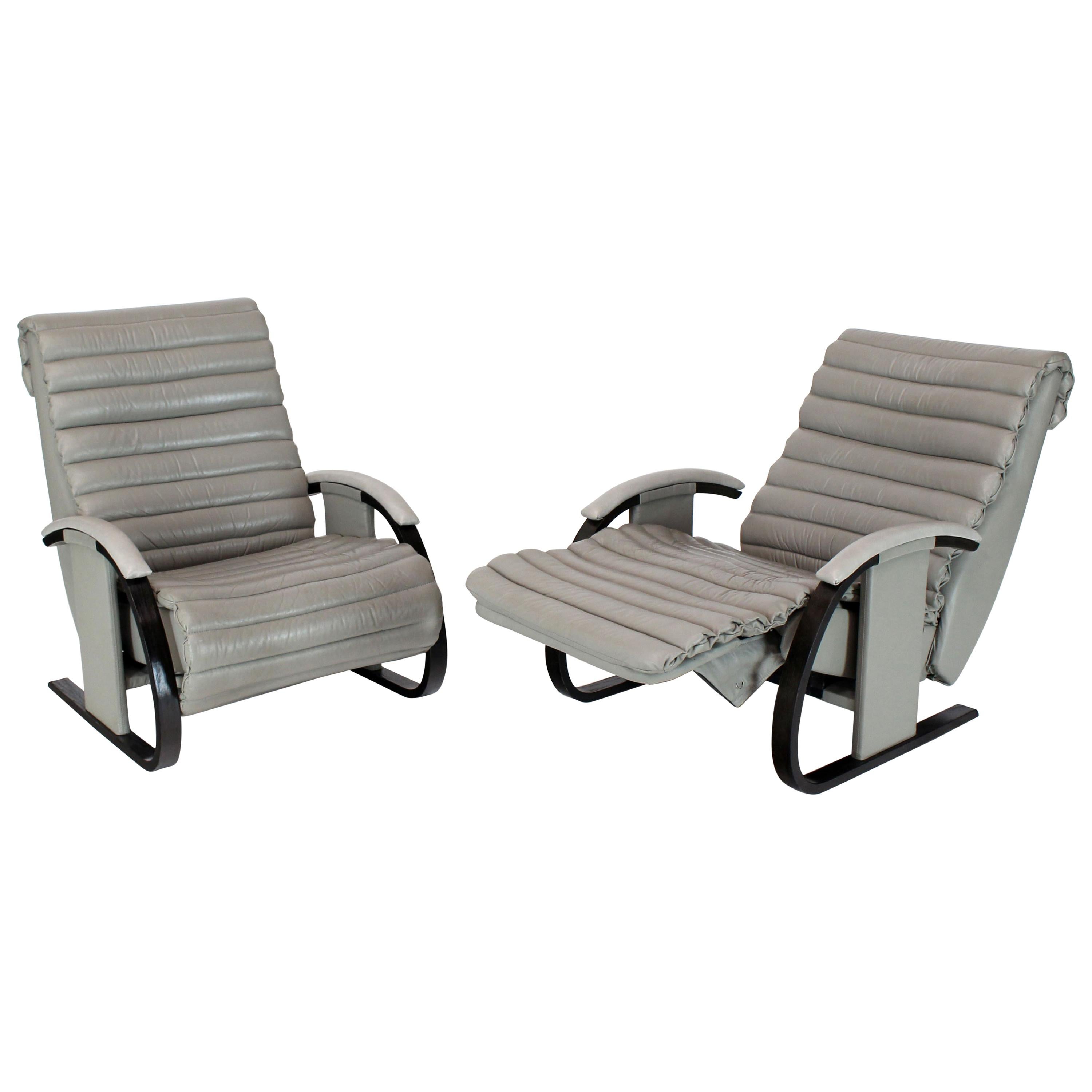 Pair of Leather Ribbed Upholstery Reclining Lounge Chairs Bent Wood Tank Style For Sale