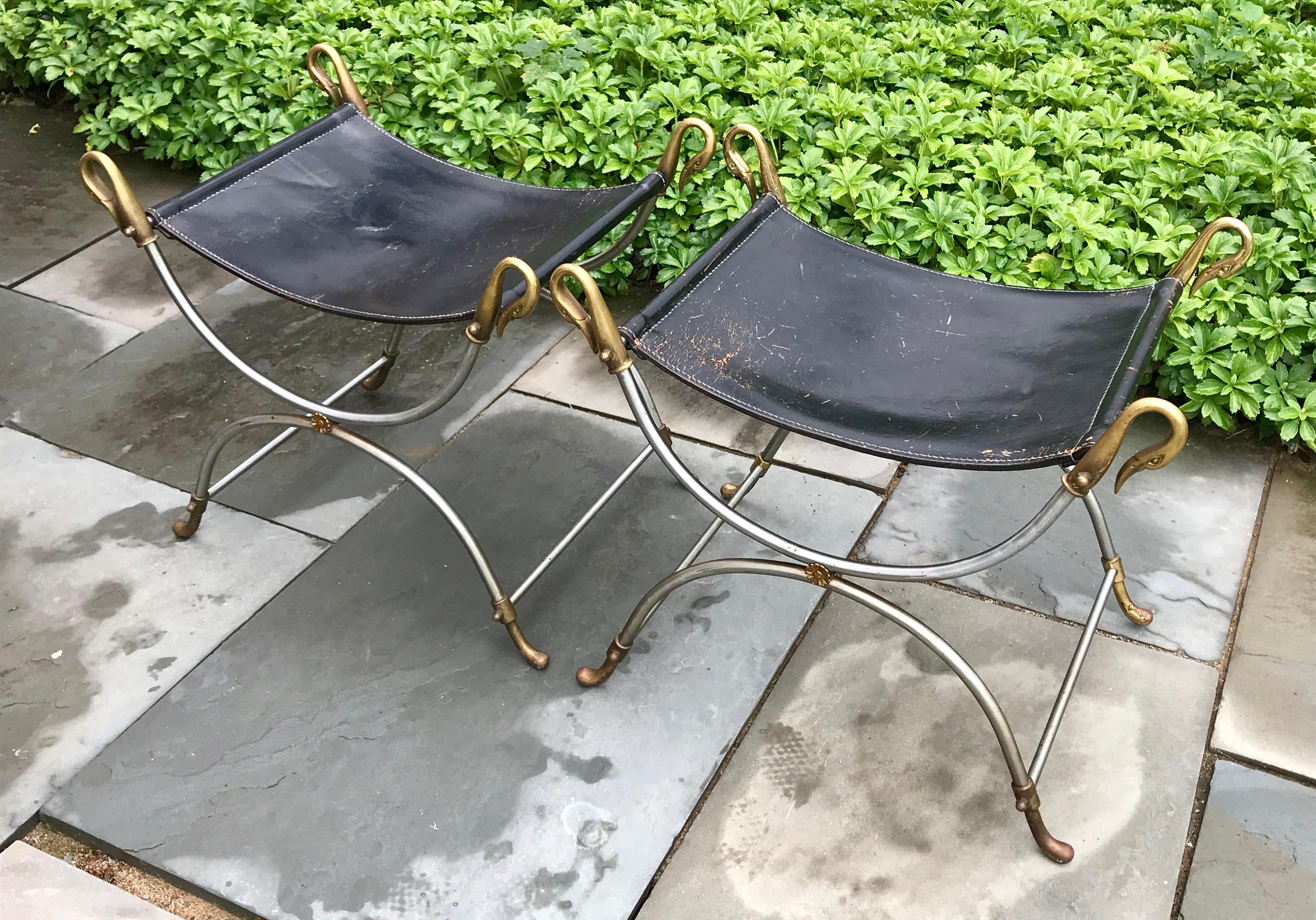 Beautiful pair of leather seat stools with brass swan head caps, brushed steel frames, Maison Jansen, France.