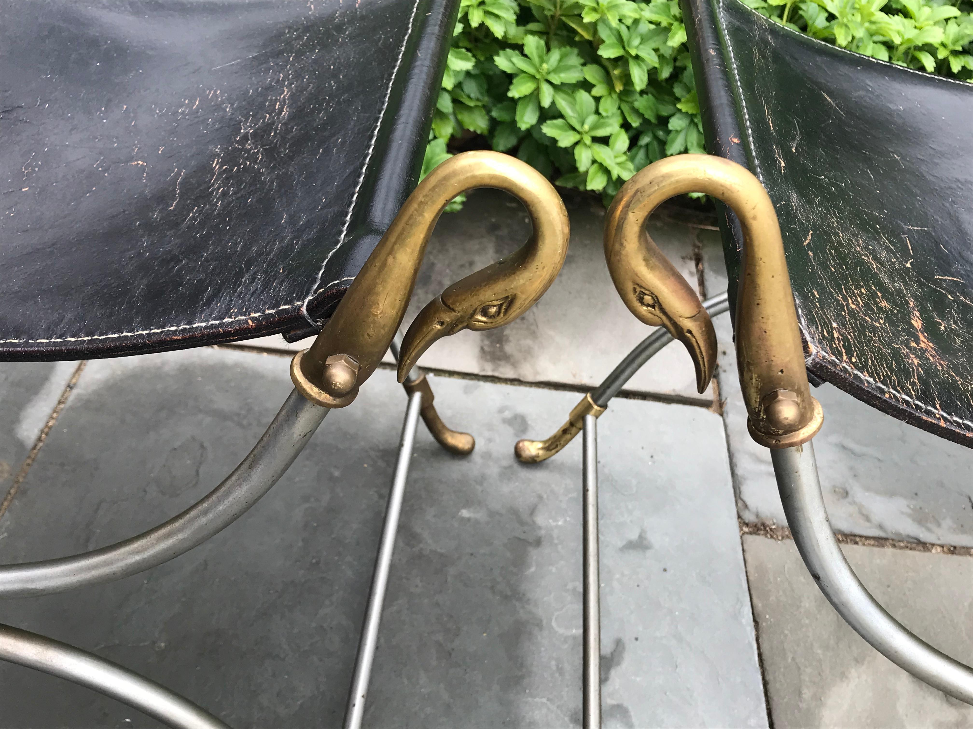 French Pair of Leather Seat Stools, Steel Frame with Brass Swans, Maison Jansen, France
