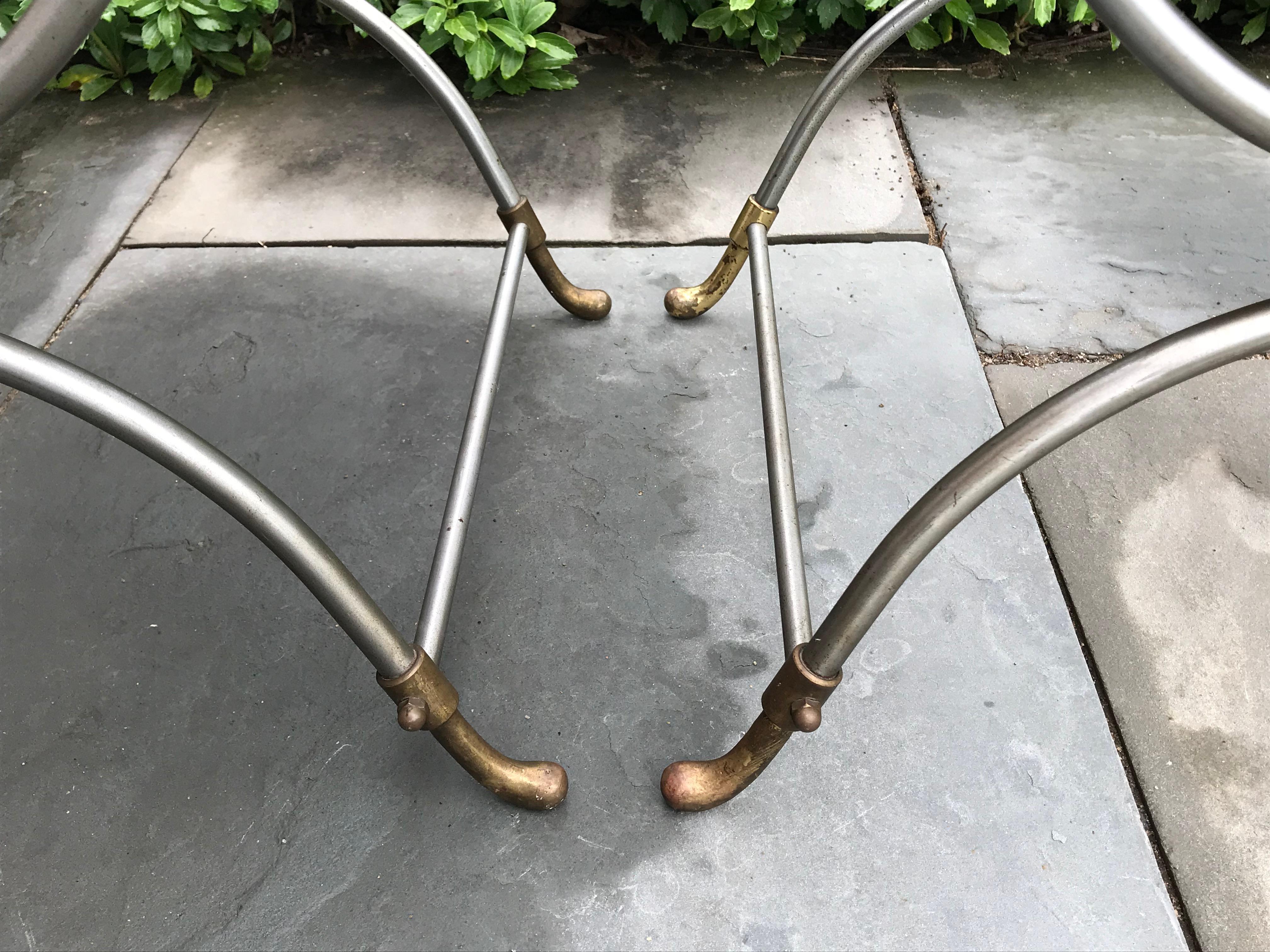 Metal Pair of Leather Seat Stools, Steel Frame with Brass Swans, Maison Jansen, France