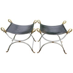 Pair of Leather Seat Stools, Steel Frame with Brass Swans, Maison Jansen, France
