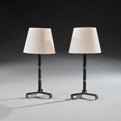 Pair of Leather Simulated Bamboo Table Lamps Attributed to Jacques Adnet