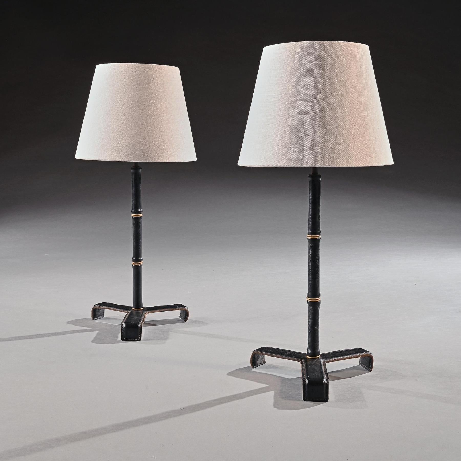 Pair of Leather Simulated Bamboo Table Lamps Attributed to Jacques Adnet In Good Condition For Sale In Benington, Herts
