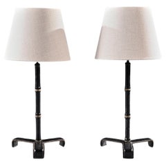Pair of Leather Simulated Bamboo Table Lamps Attributed to Jacques Adnet