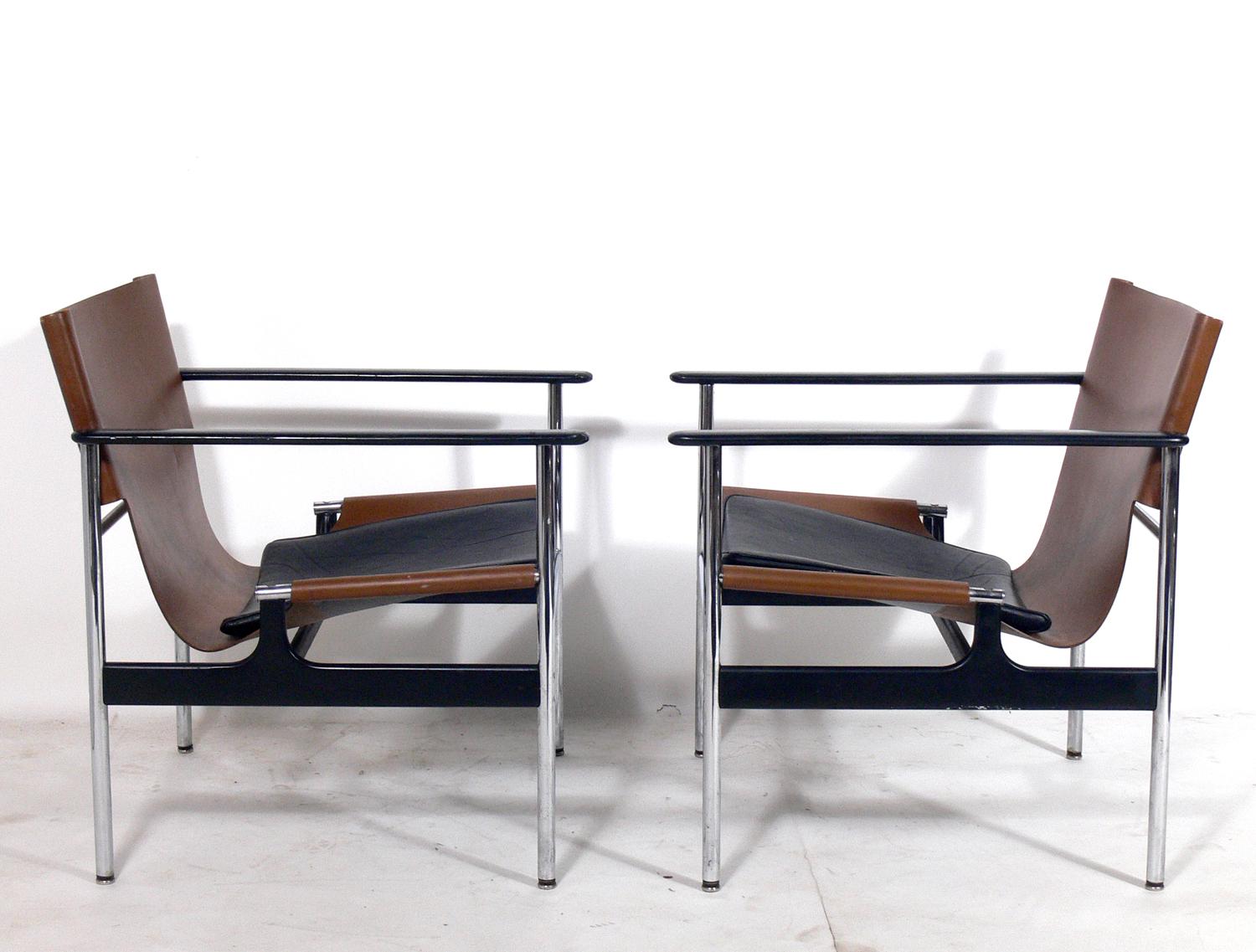 Mid-Century Modern Pair of Leather Sling Lounge Chairs by Charles Pollock for Knoll