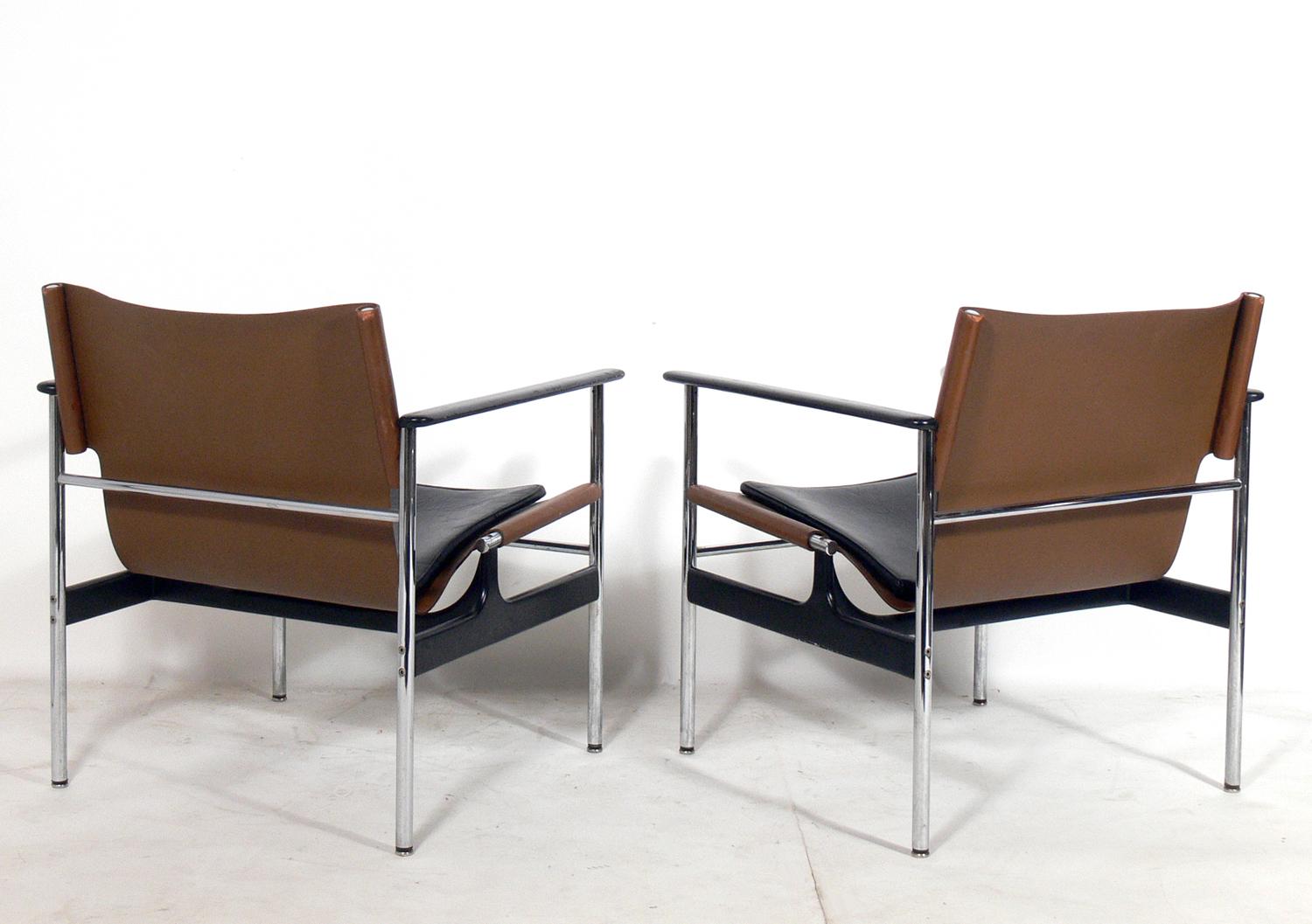 American Pair of Leather Sling Lounge Chairs by Charles Pollock for Knoll