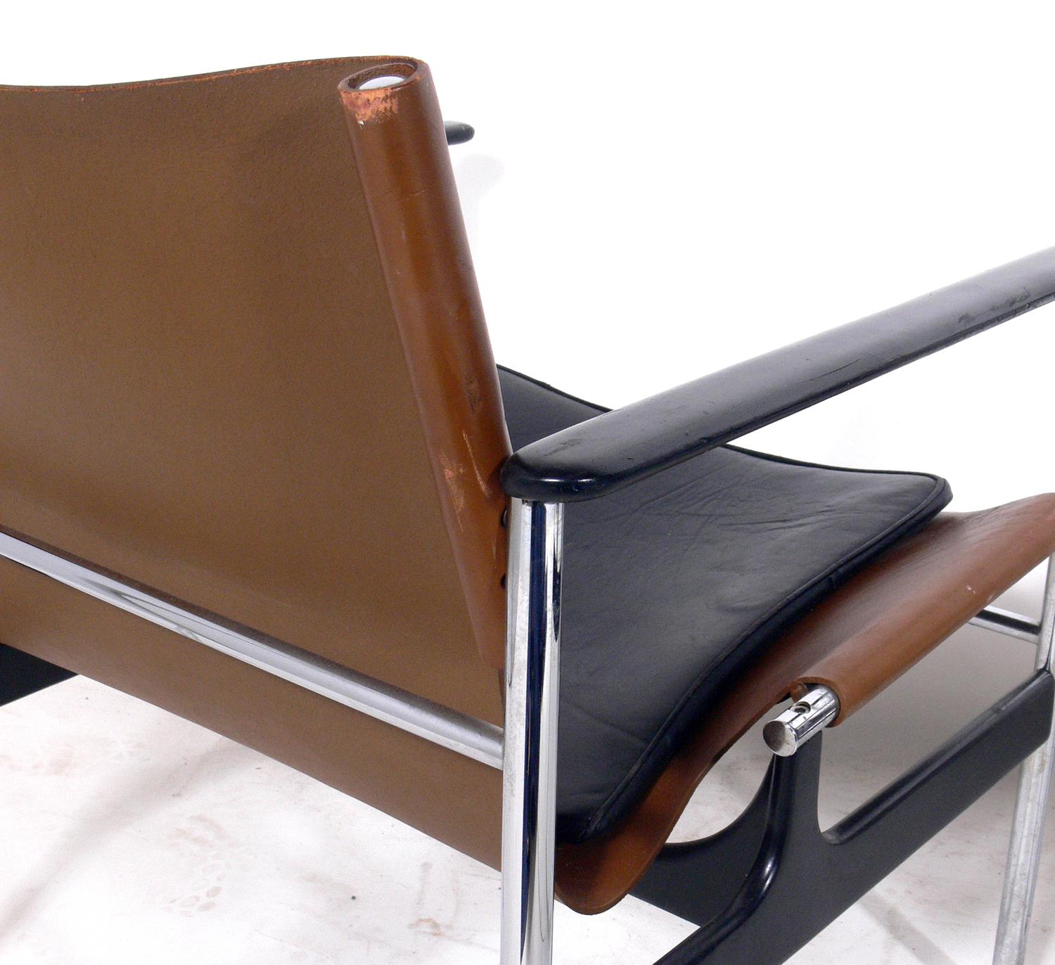 Enameled Pair of Leather Sling Lounge Chairs by Charles Pollock for Knoll