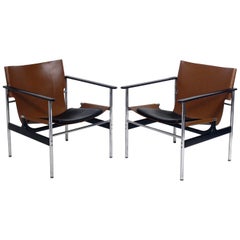 Pair of Leather Sling Lounge Chairs by Charles Pollock for Knoll