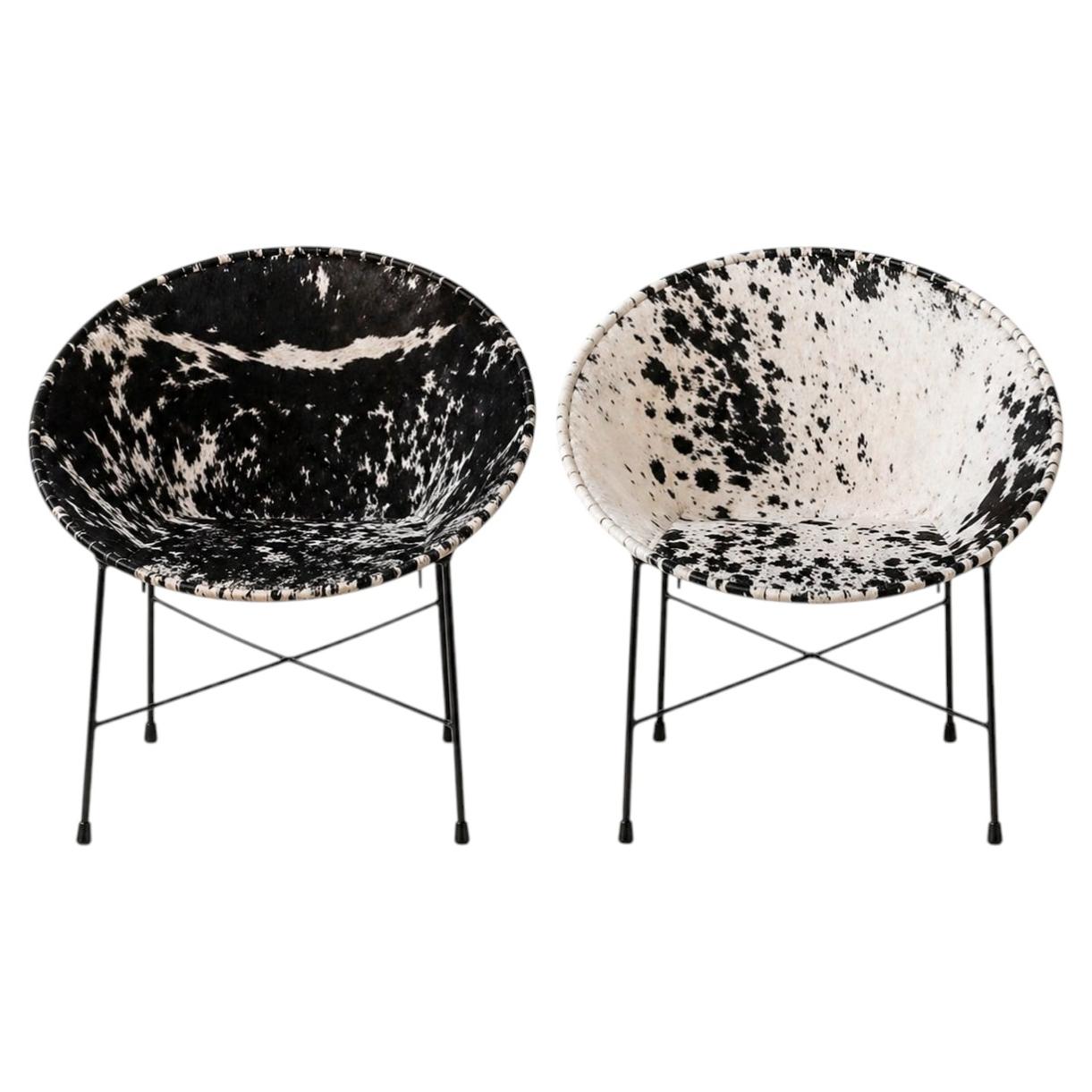 Pair of Handmade Cognac Leather and Black Iron Lounge Chairs For Sale