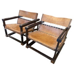 Vintage Pair of Leather Sling Safari Chairs, 1960's