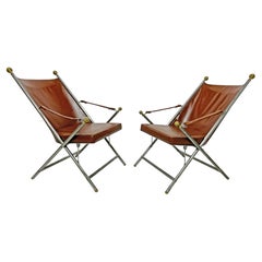 Pair of Leather Slung and Mixed Metal Campaign Chairs Ca. 1960s