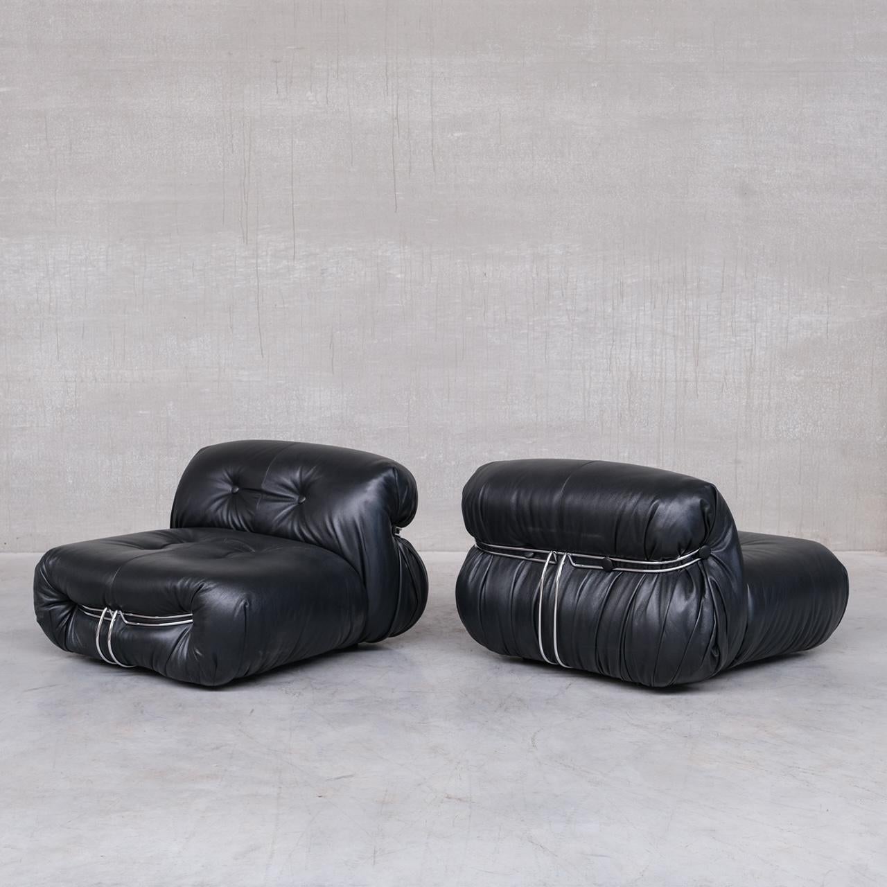 Italian Pair of Leather Soriana Lounge Chairs by Scarpa for Cassina