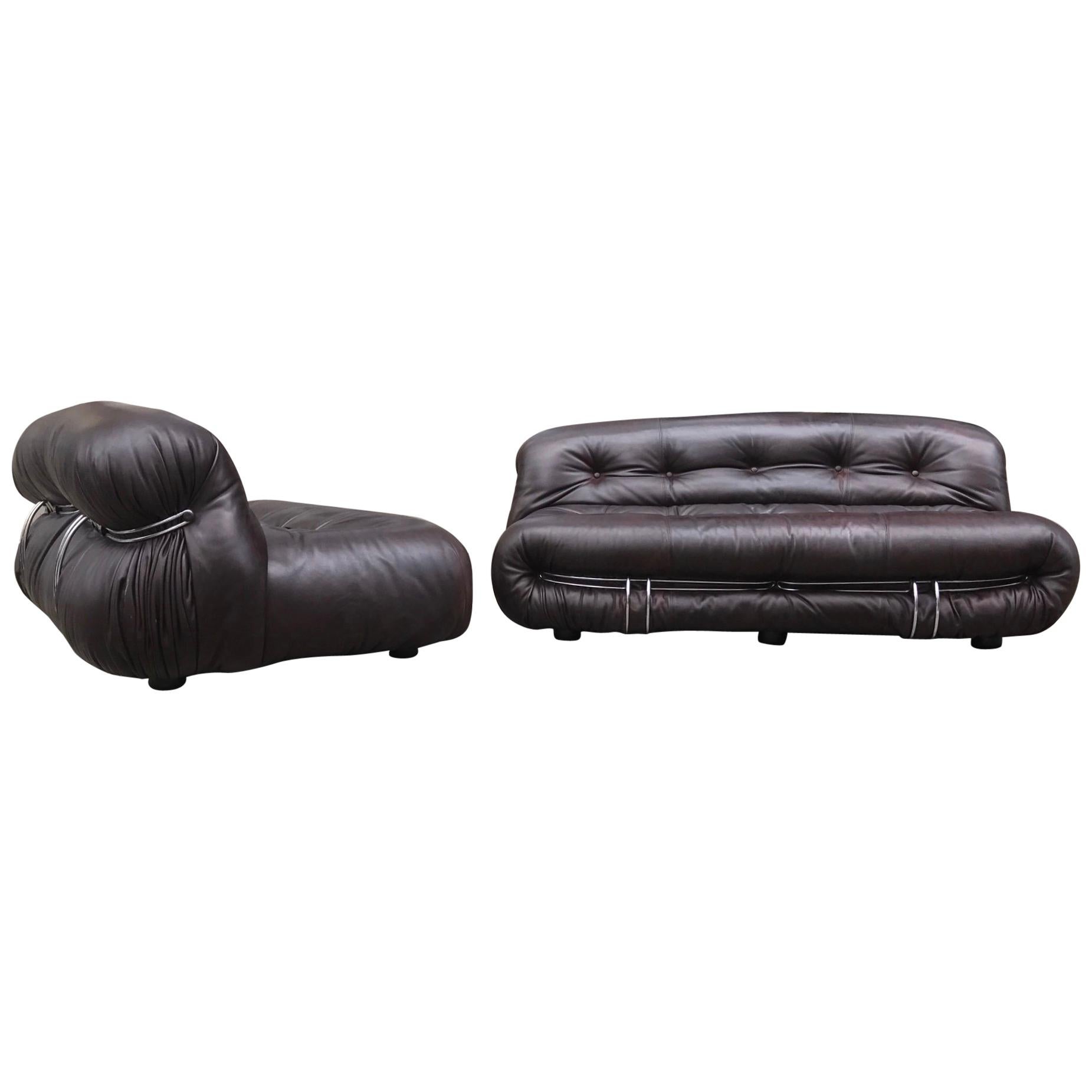 Pair of Leather Soriana Sofa by Afra & Tobia Scarpa, Cassina, 1970, Italy