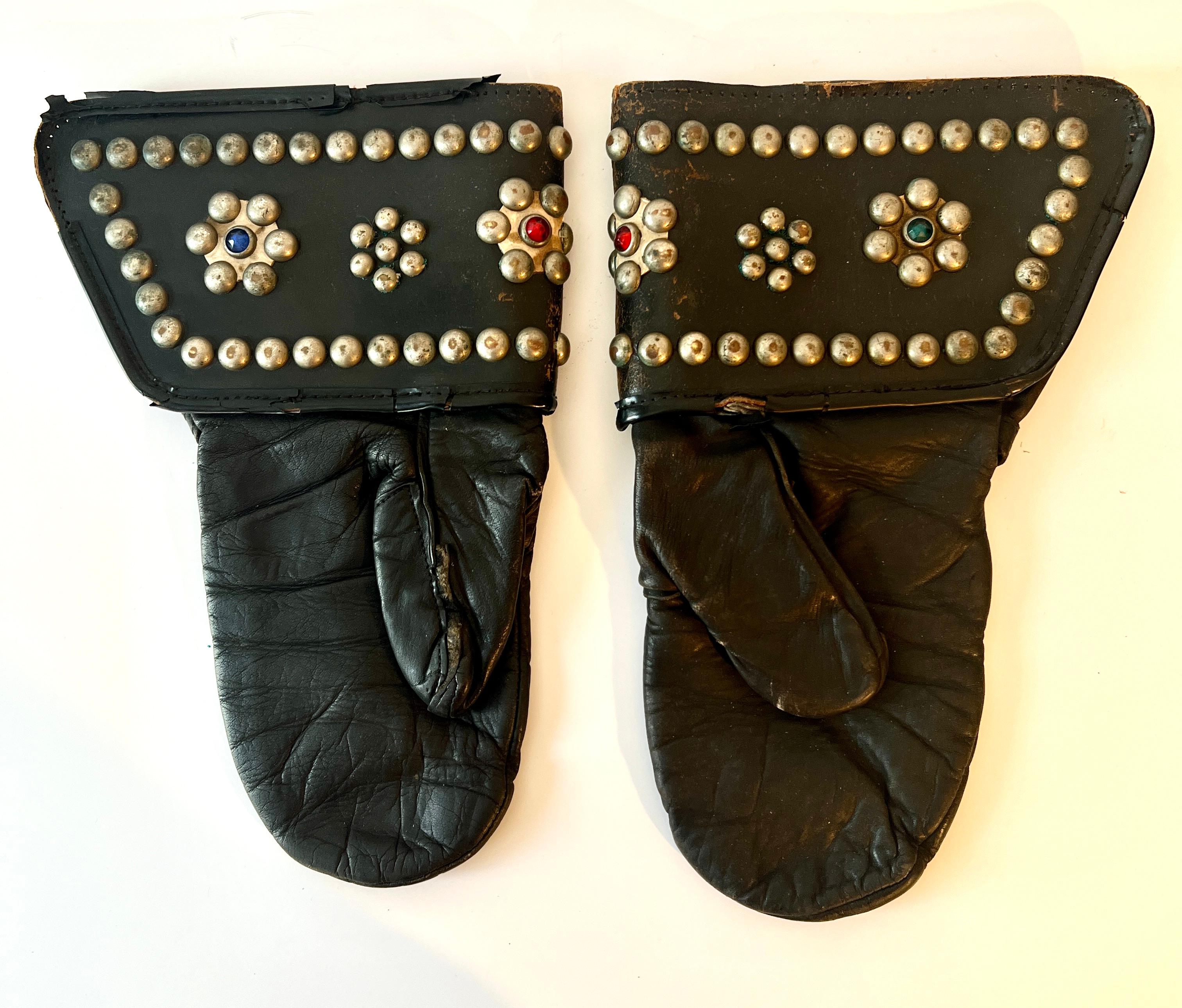 Mid-Century Modern Pair of Leather Studded Motorcycle Gauntlet in the Style of Harley Davidson For Sale