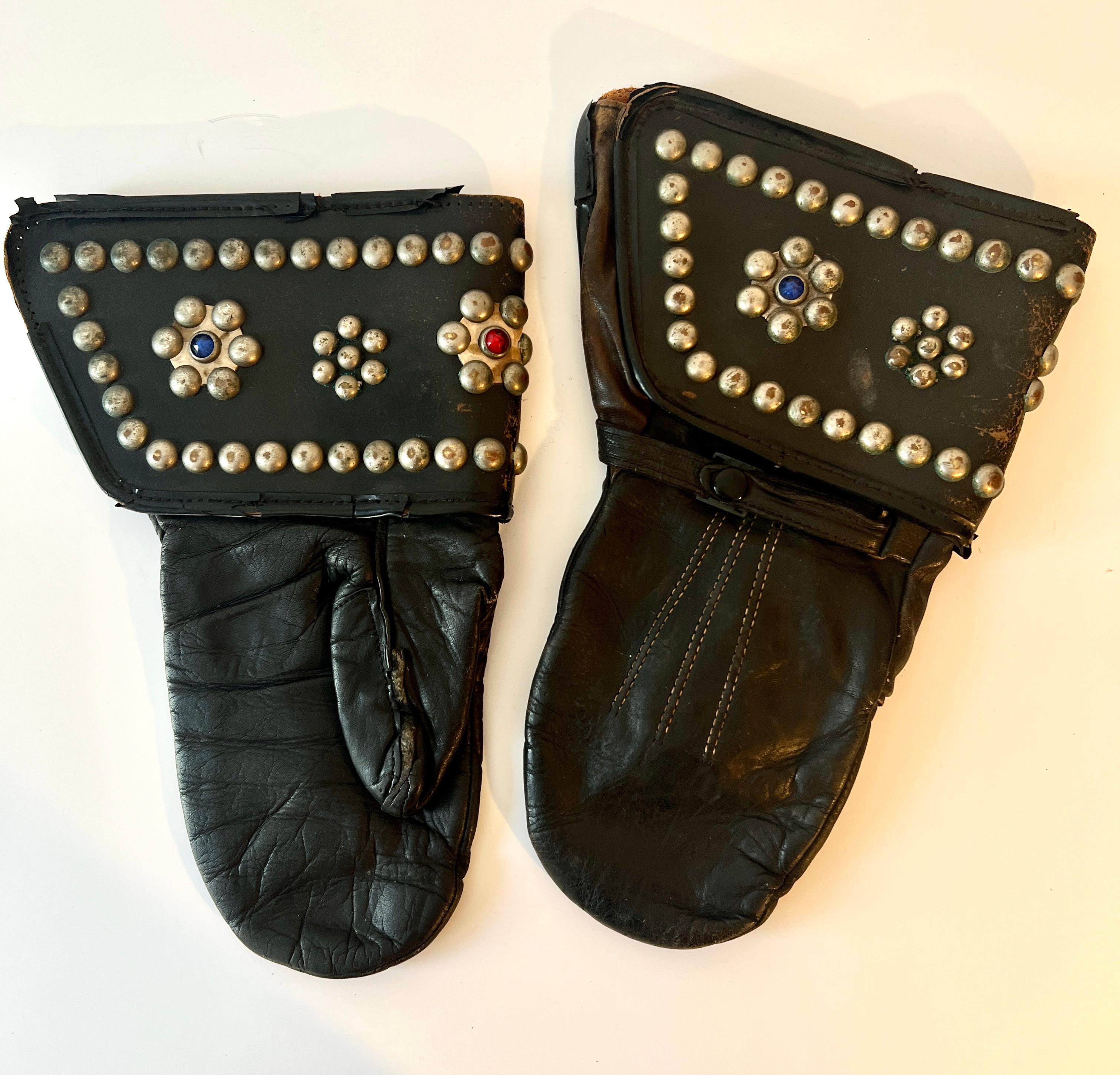 Hand-Crafted Pair of Leather Studded Motorcycle Gauntlet in the Style of Harley Davidson For Sale