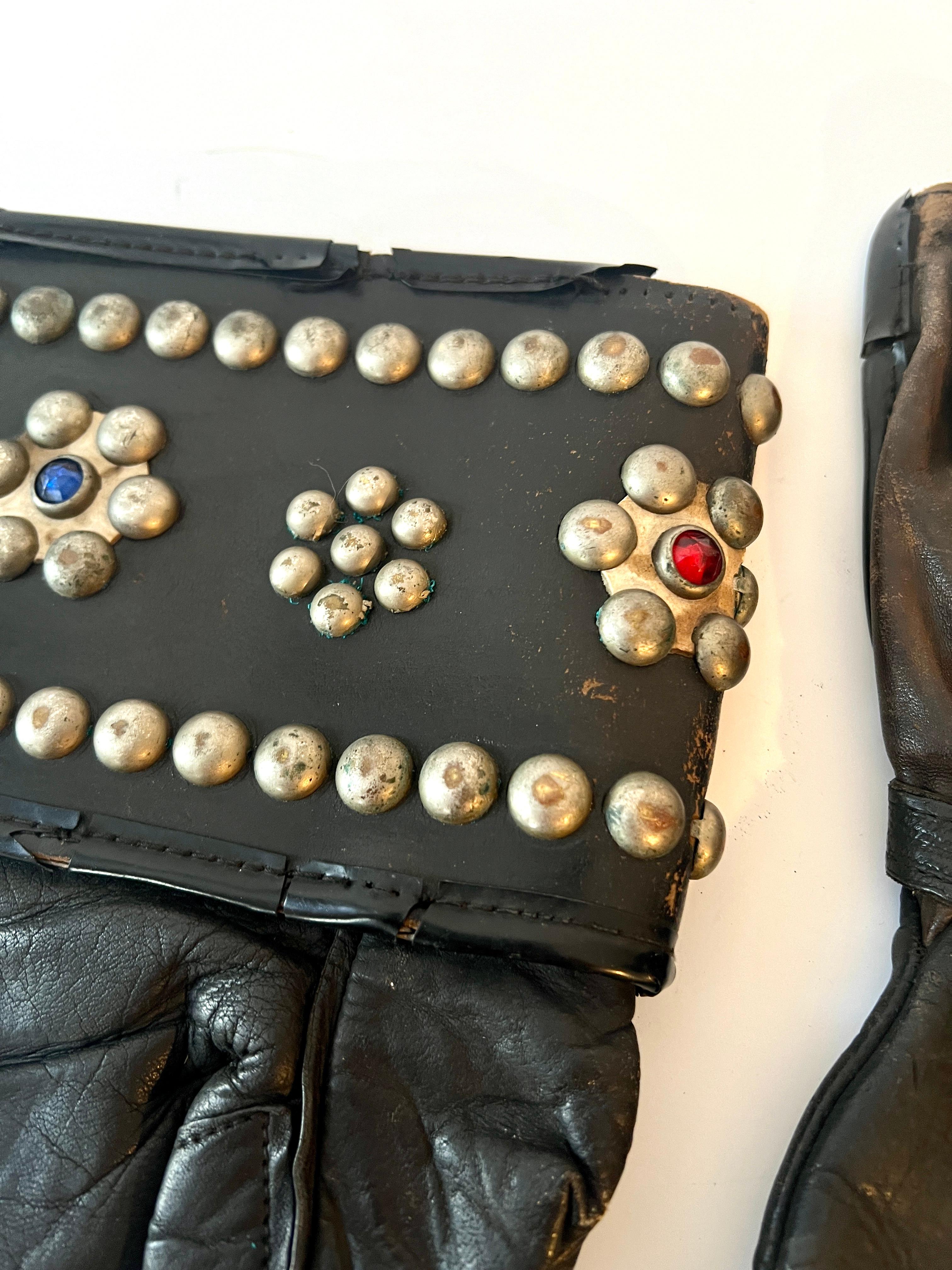 Metal Pair of Leather Studded Motorcycle Gauntlet in the Style of Harley Davidson For Sale