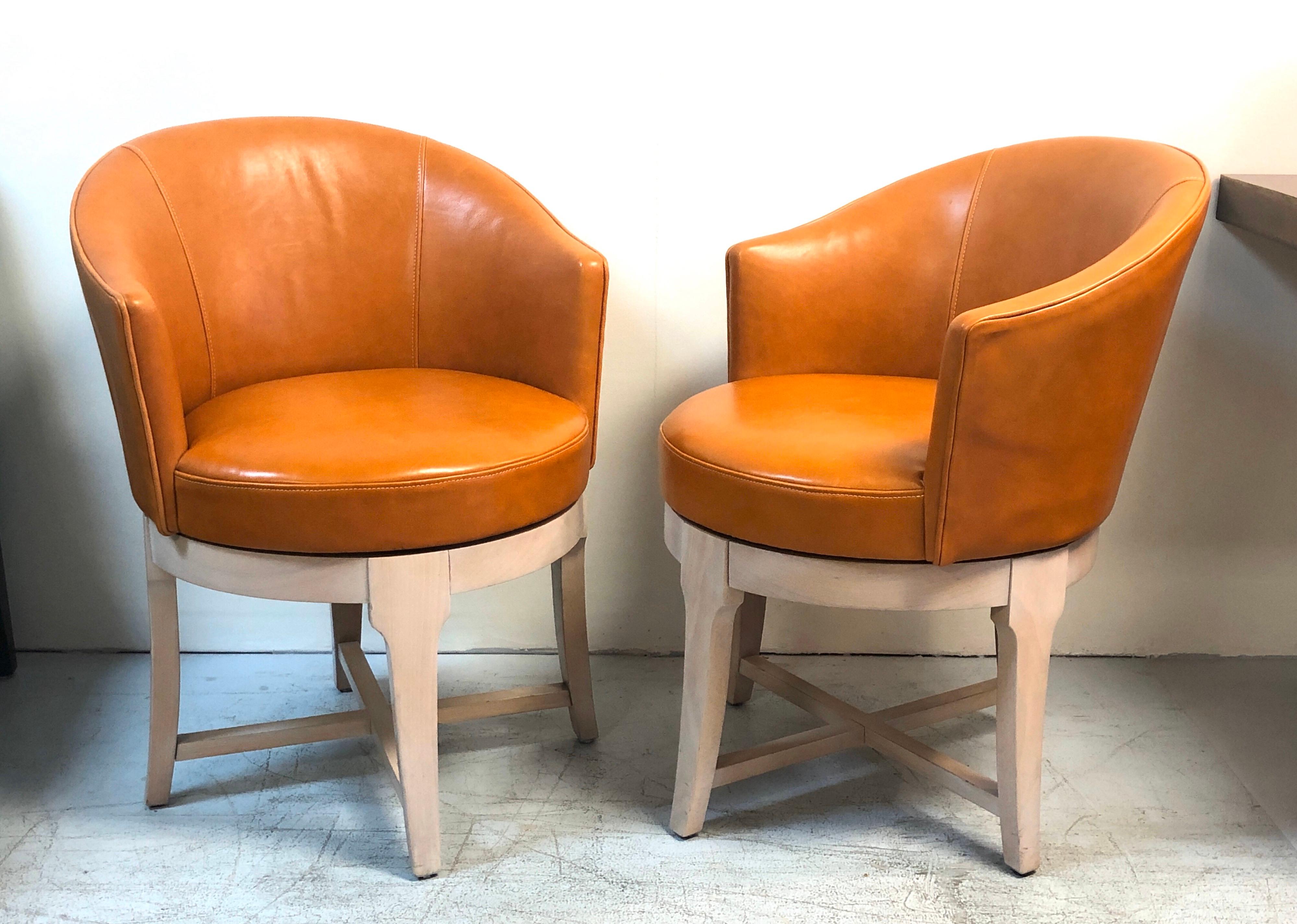 French Pair of Leather Swivel Armchairs