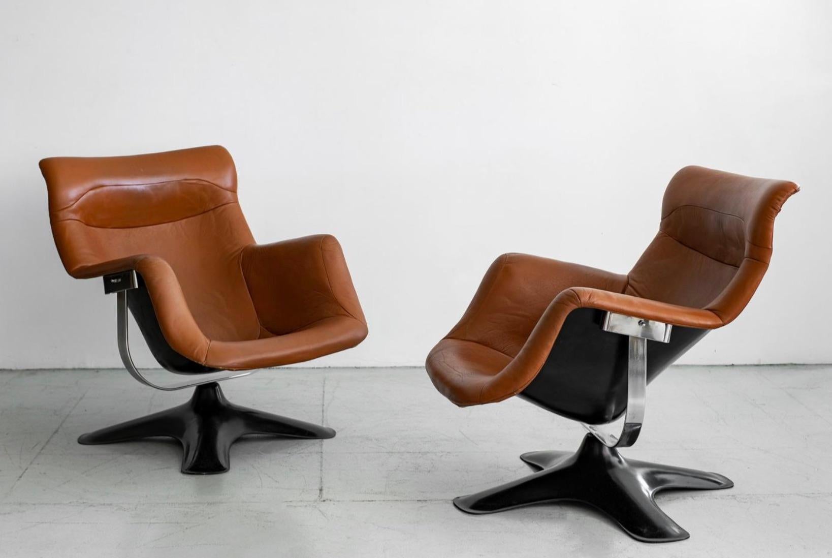 Finnish Pair of Leather Swivel Chairs by Yrjo Kukkapuro