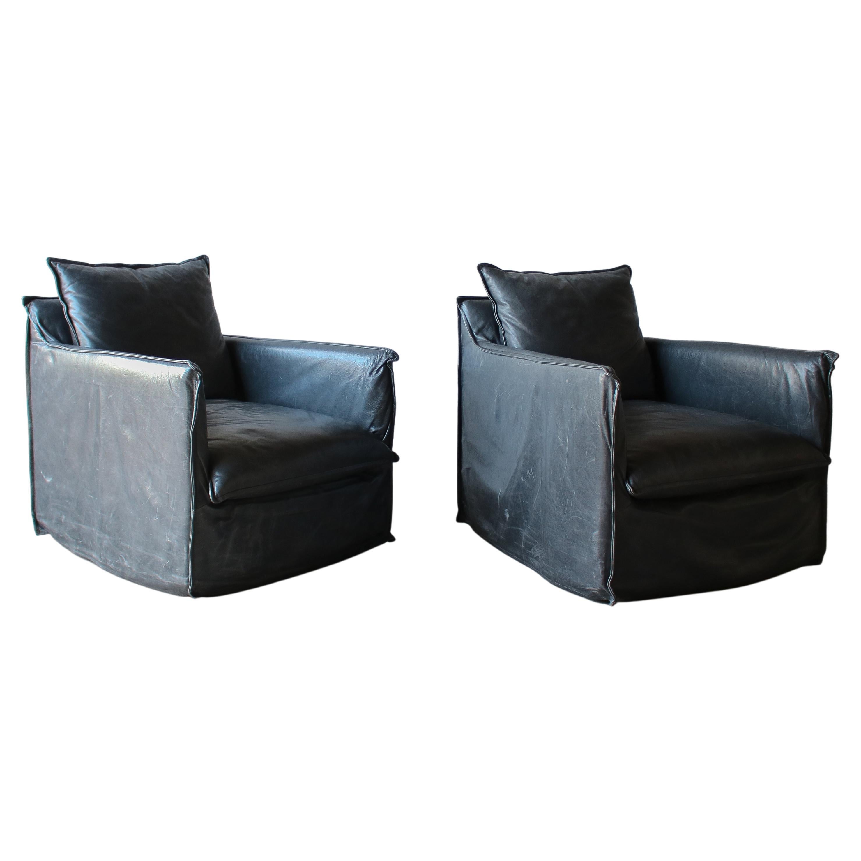 Pair of Italian Leather Swivel Lounge Chairs For Sale
