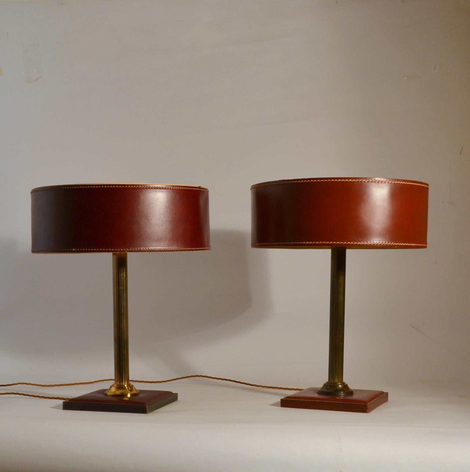 Pair of Leather Table Lamps Attributed Adnet 8