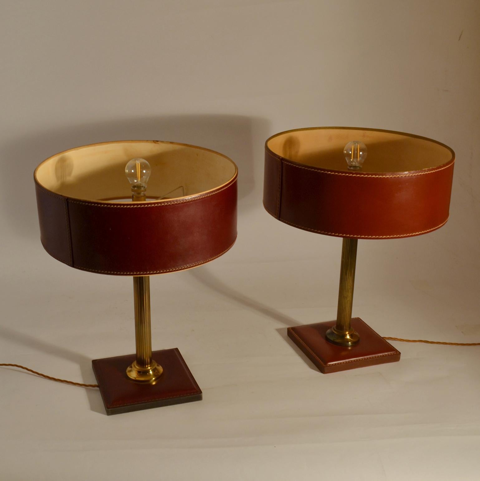 Mid-Century Modern Pair of Leather Table Lamps Attributed Adnet