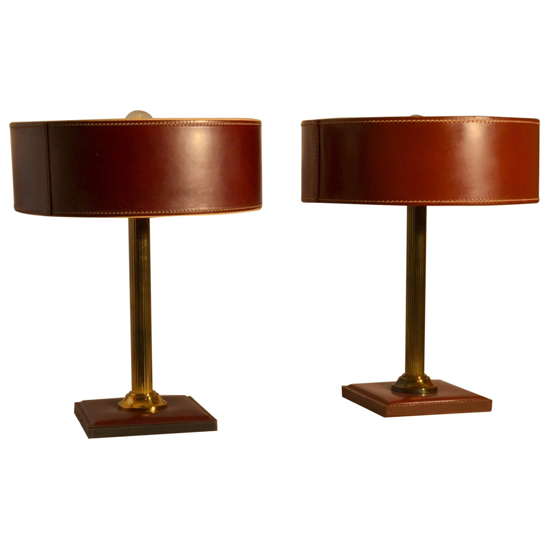 Pair of Leather Table Lamps Attributed Adnet