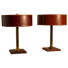 Pair of Leather Table Lamps Attributed Adnet