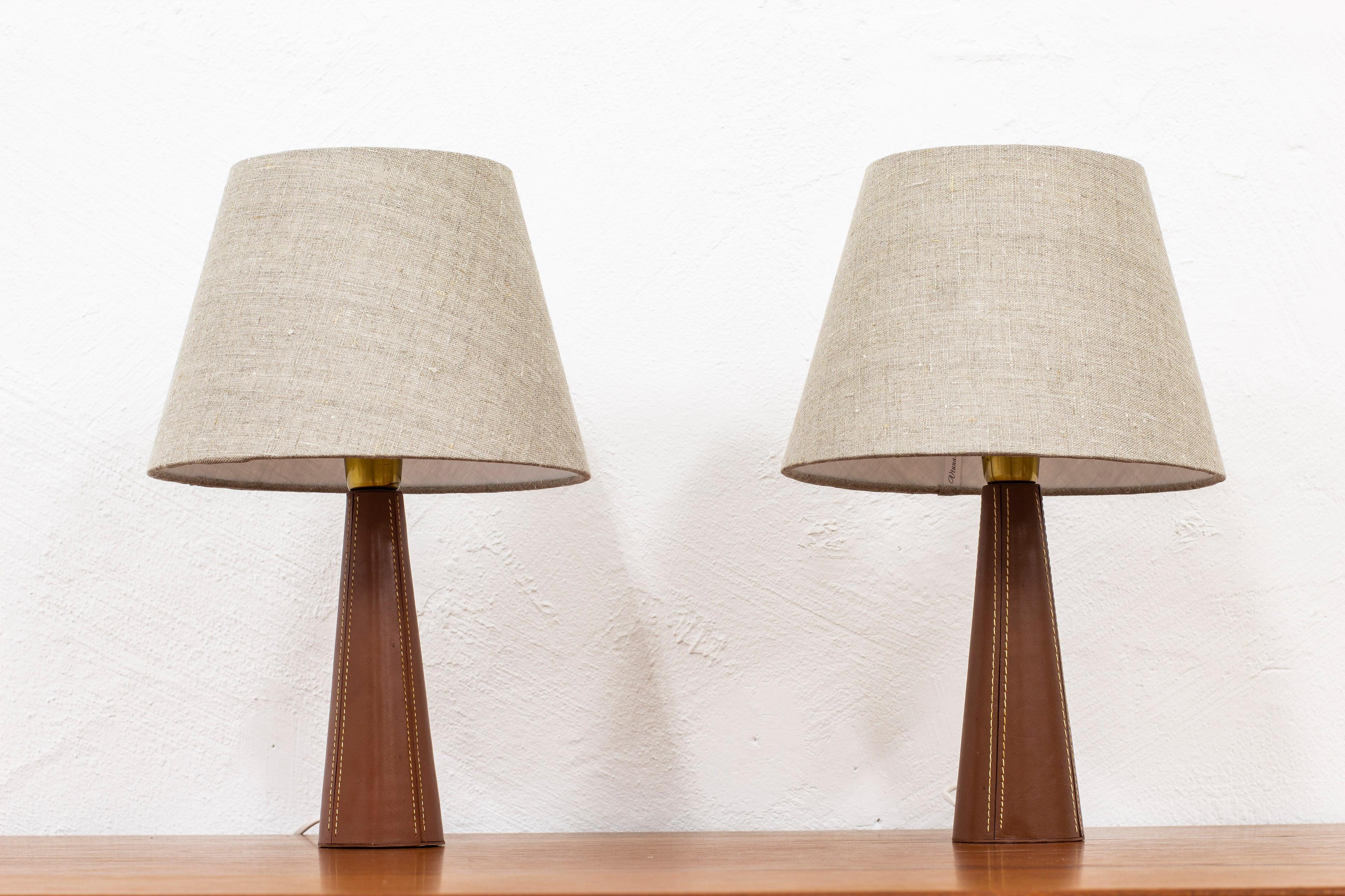 Mid-20th Century Pair of Leather Table Lamps in the Style of Lisa Johansson Pape, Scandinavian