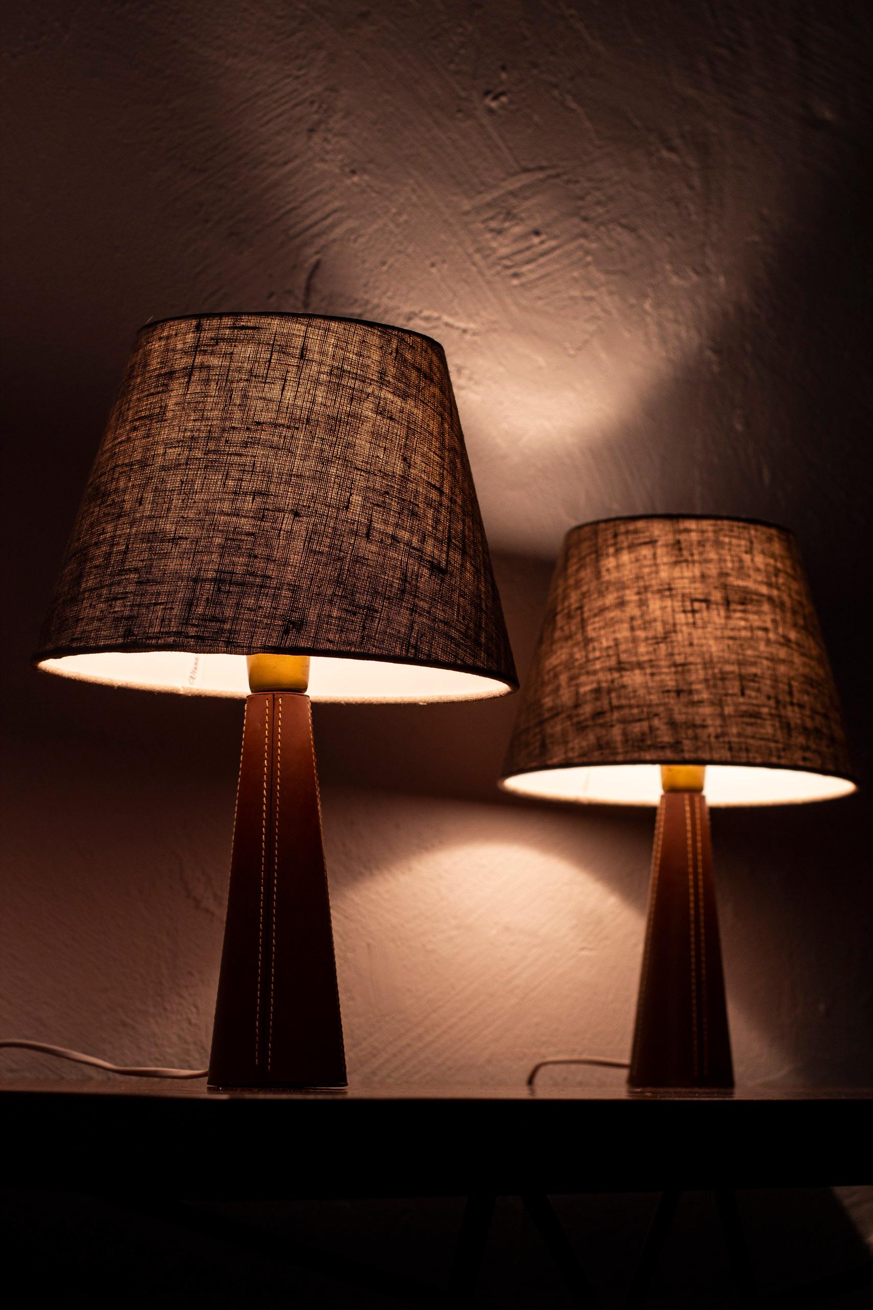Brass Pair of Leather Table Lamps in the Style of Lisa Johansson Pape, Scandinavian