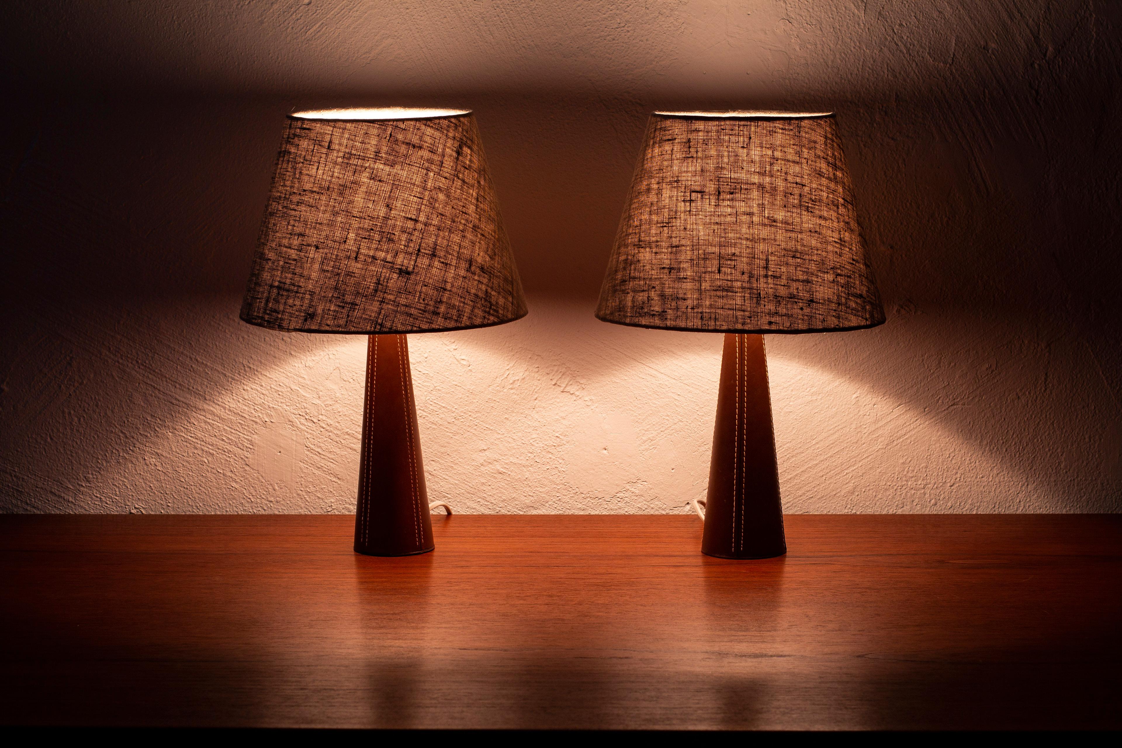 Pair of Leather Table Lamps in the Style of Lisa Johansson Pape, Scandinavian 1