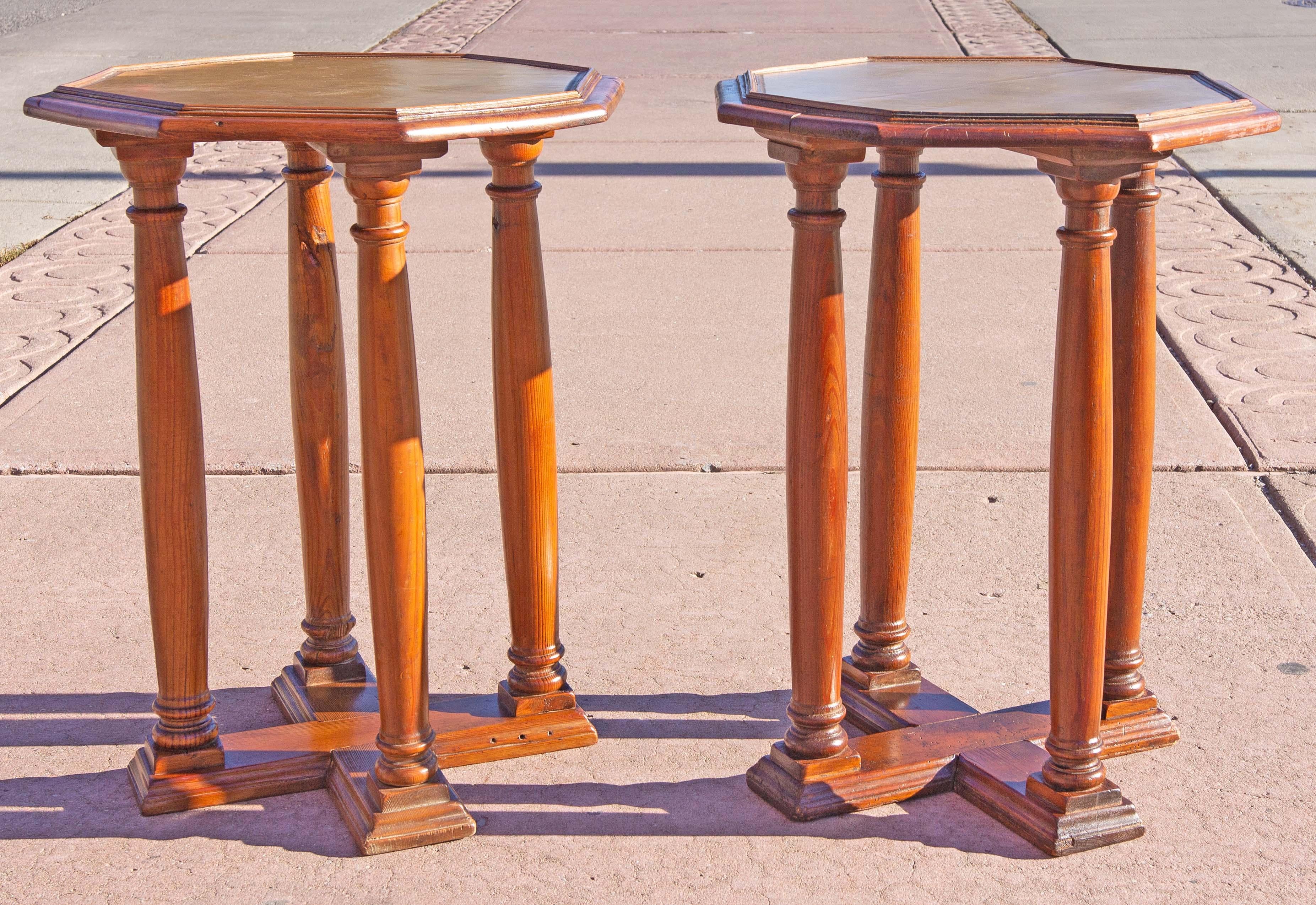 Pair of antique Tuscan side tables. Pine with tooled leather tops. 19th century.
 