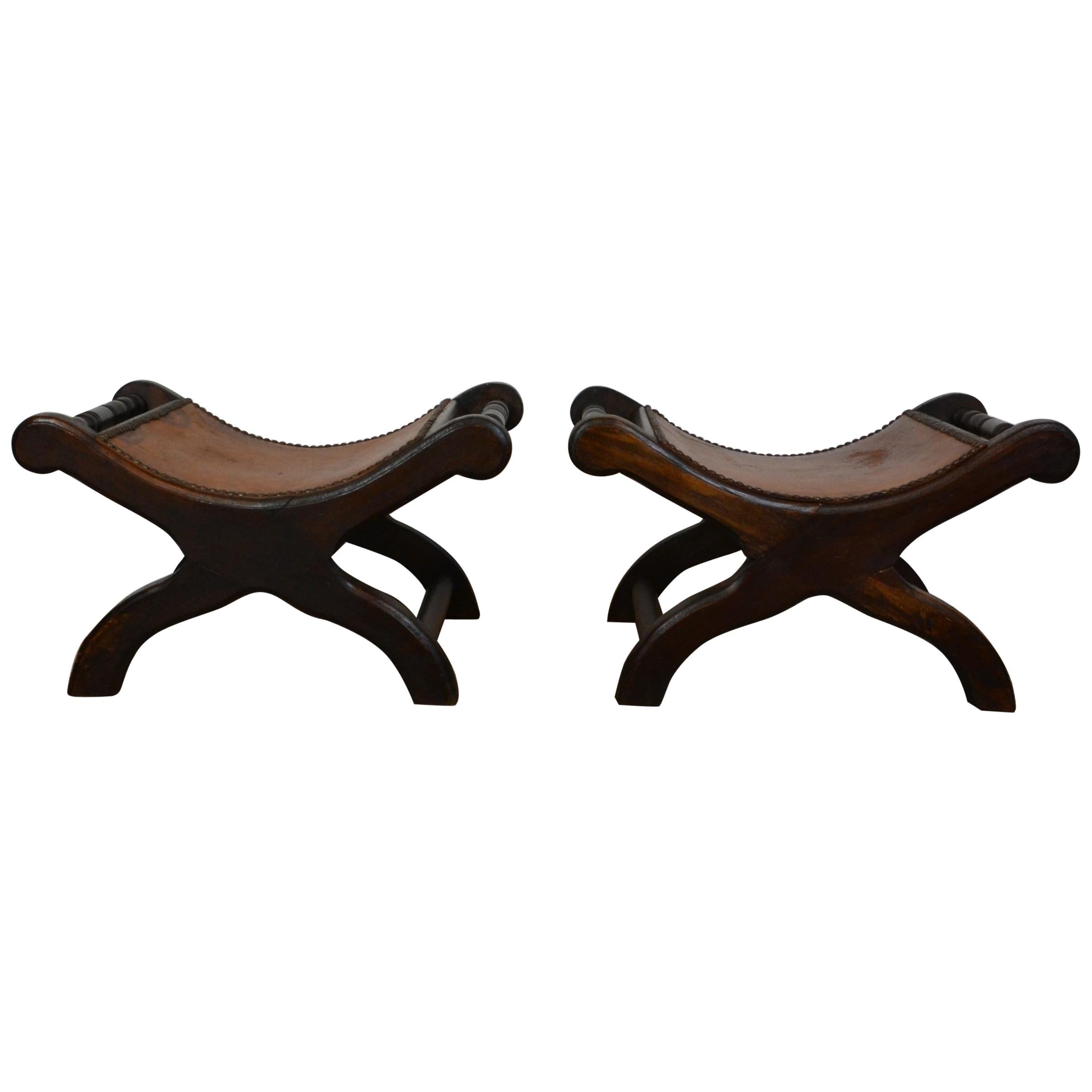 Pair of Leather Top Neoclassical Footstool Style Benches