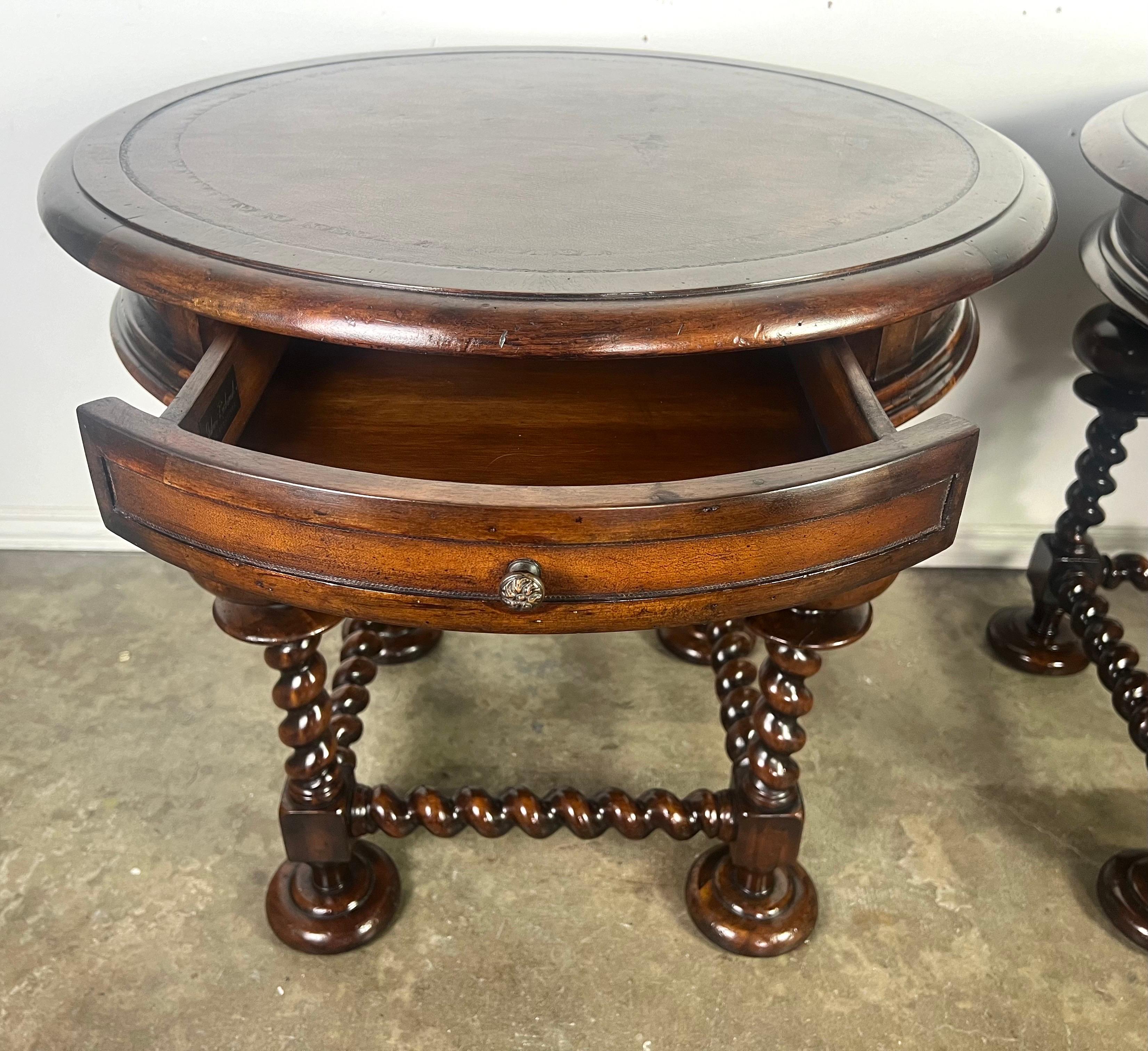 Polished Pair of Leather Top Side Tables by John Richards For Sale